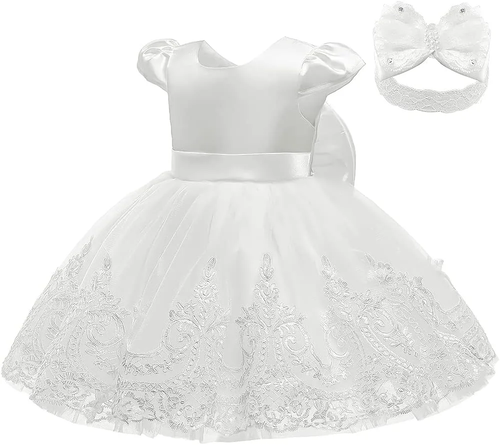 3M-3T Toddler Baby Girls Dress Pageant Wedding Flower Girls Dress Formal Gowns Embroidered Lace Dress   Headwear