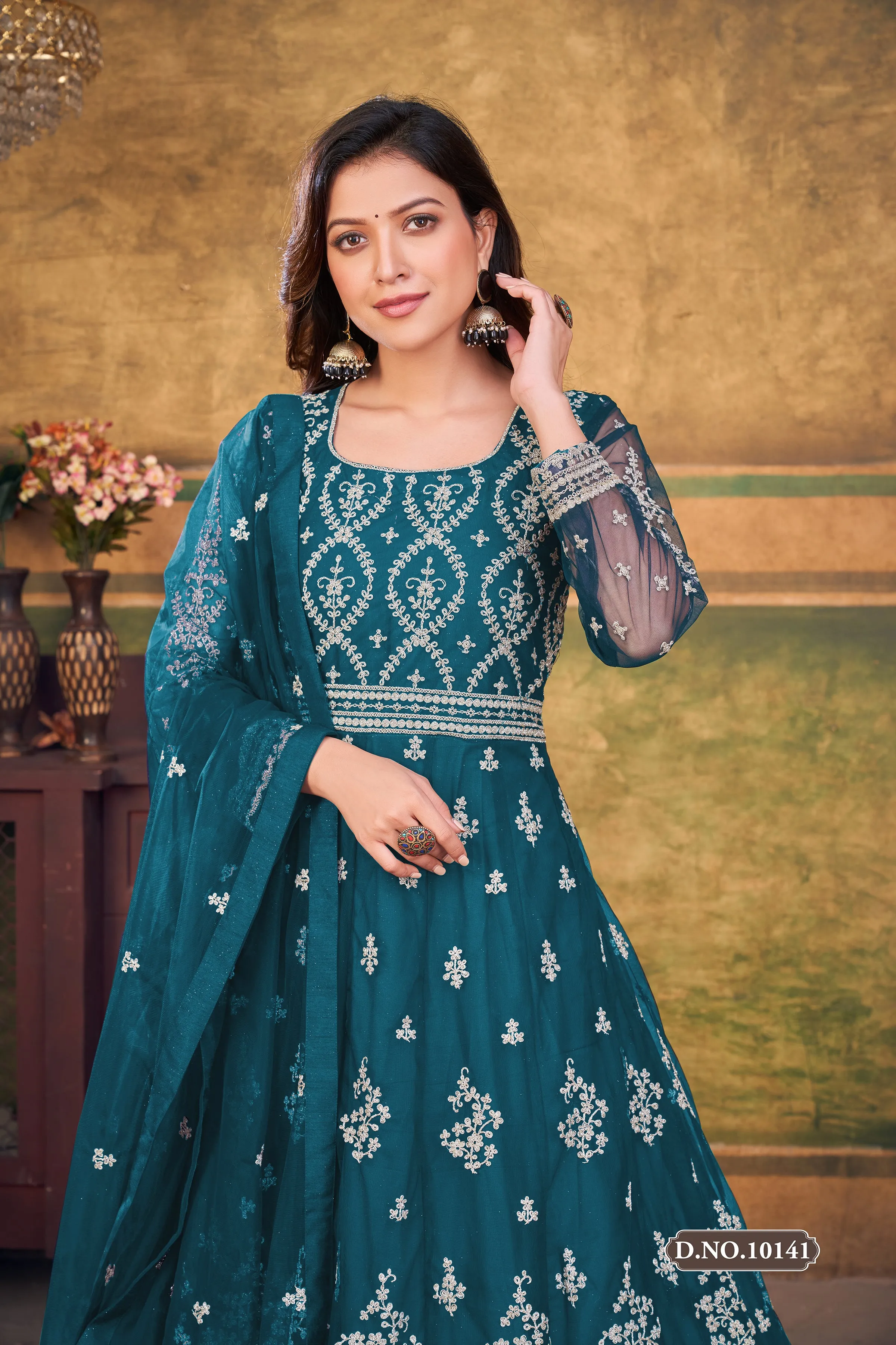 Aqua Blue Pure Soft Net Long Floor Length Embroidered Work Readymade Gown