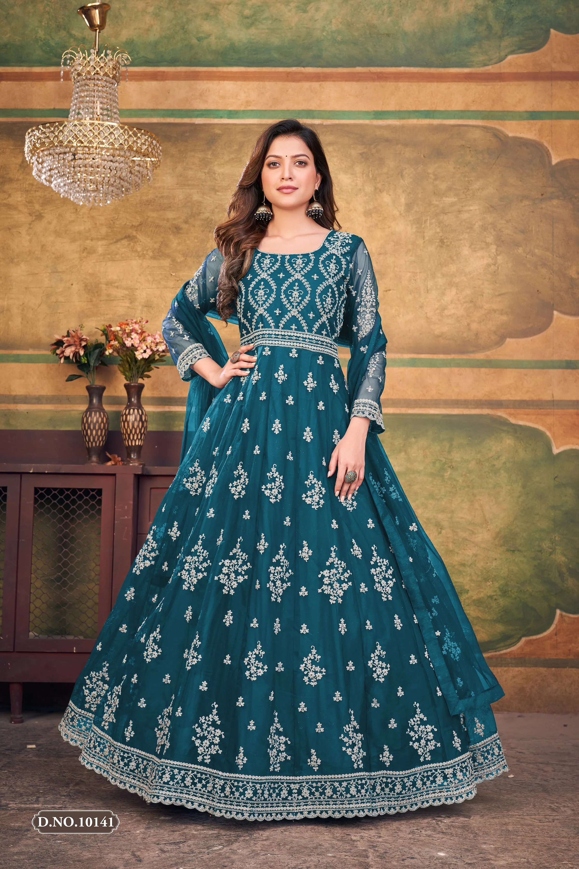Aqua Blue Pure Soft Net Long Floor Length Embroidered Work Readymade Gown