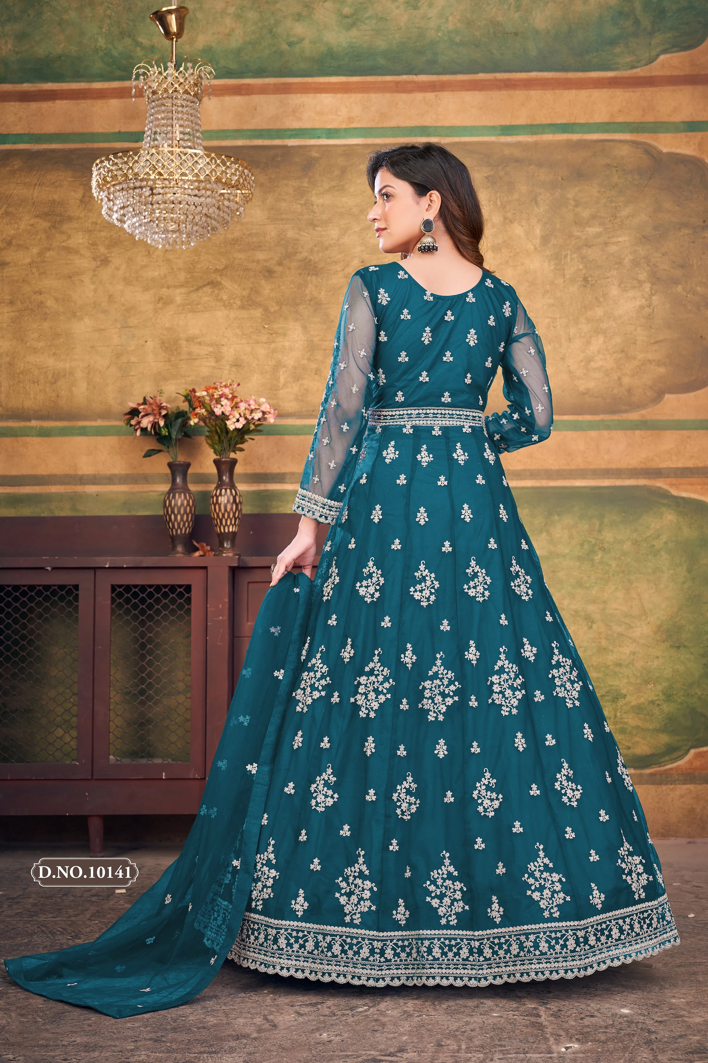 Aqua Blue Pure Soft Net Long Floor Length Embroidered Work Readymade Gown