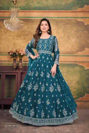 Aqua Blue Pure Soft Net Long Floor Length Embroidered Work Readymade Gown