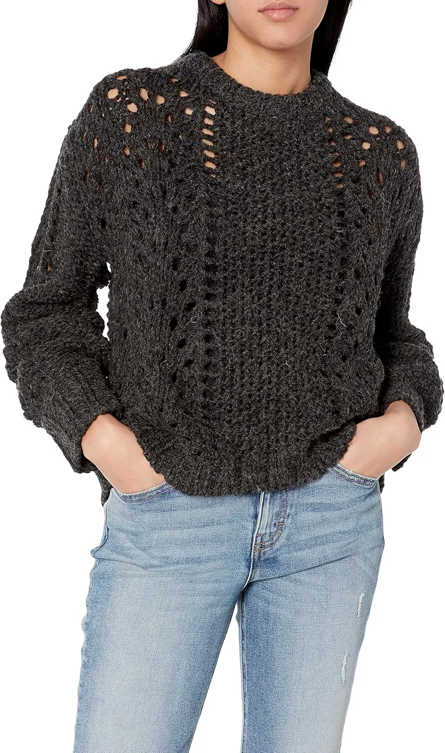 Cable Stitch Women's Chunky Wool Blend Pointelle Sweater - Crewneck Extra Long Sleeve Open Stitch Cropped Pullover Knit Top