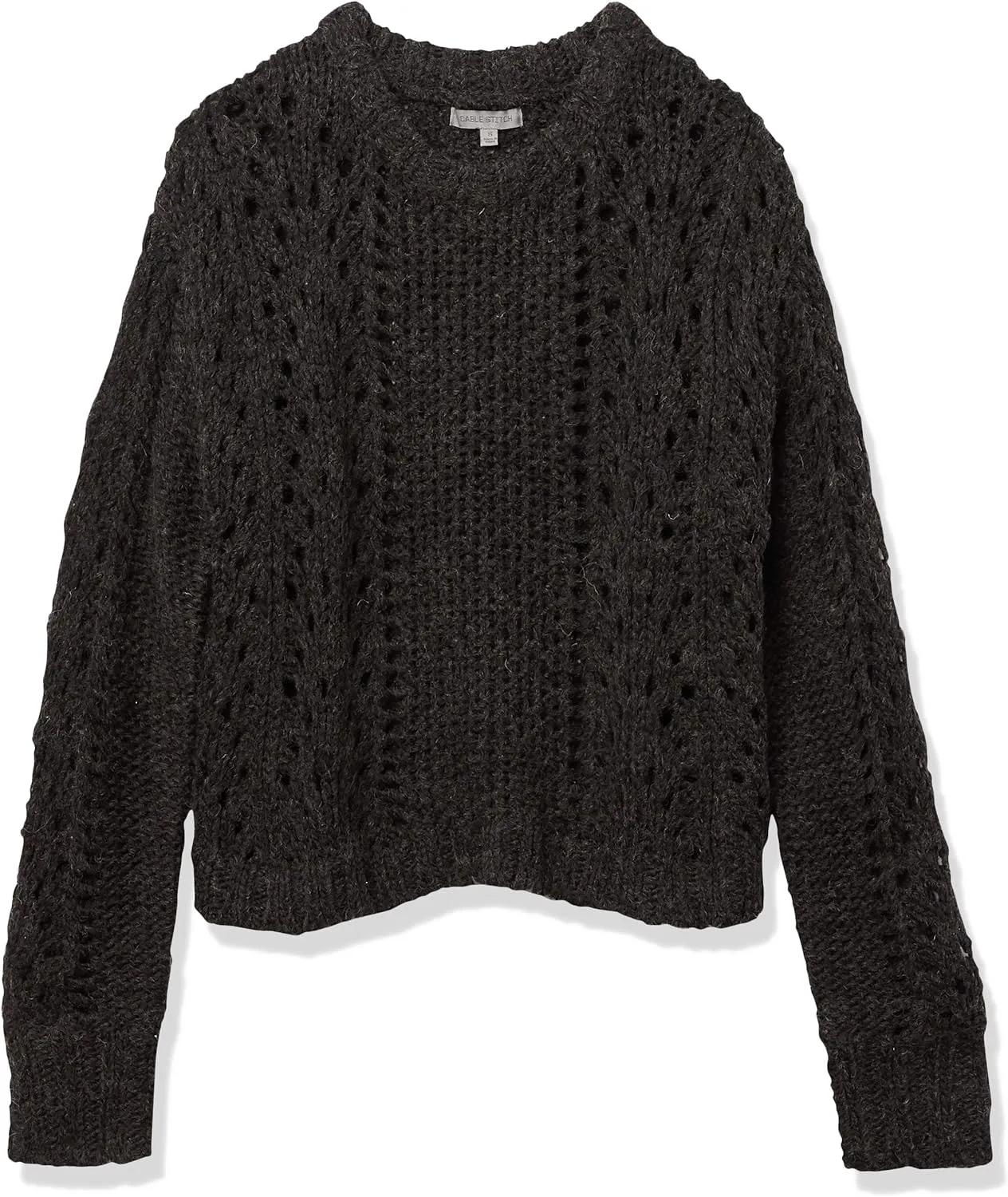 Cable Stitch Women's Chunky Wool Blend Pointelle Sweater - Crewneck Extra Long Sleeve Open Stitch Cropped Pullover Knit Top