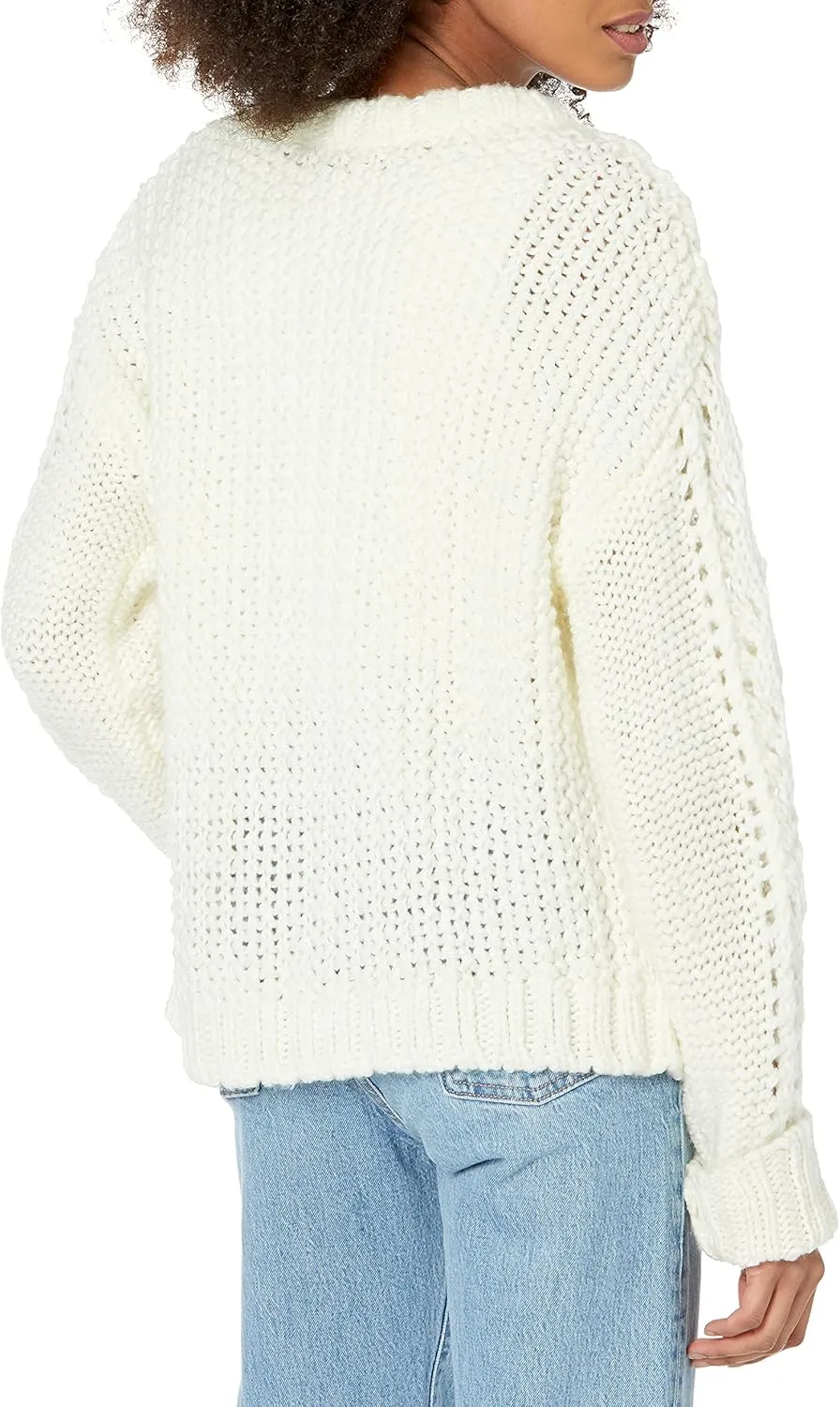 Cable Stitch Women's Chunky Wool Blend Pointelle Sweater - Crewneck Extra Long Sleeve Open Stitch Cropped Pullover Knit Top