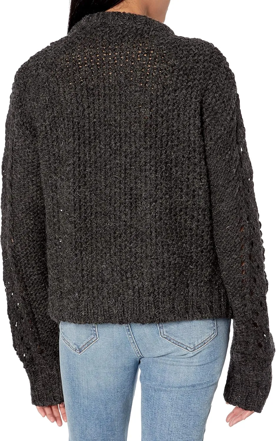 Cable Stitch Women's Chunky Wool Blend Pointelle Sweater - Crewneck Extra Long Sleeve Open Stitch Cropped Pullover Knit Top