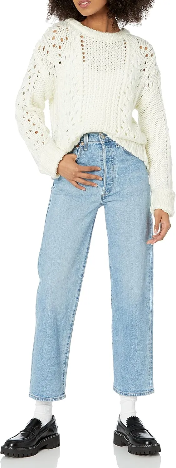 Cable Stitch Women's Chunky Wool Blend Pointelle Sweater - Crewneck Extra Long Sleeve Open Stitch Cropped Pullover Knit Top