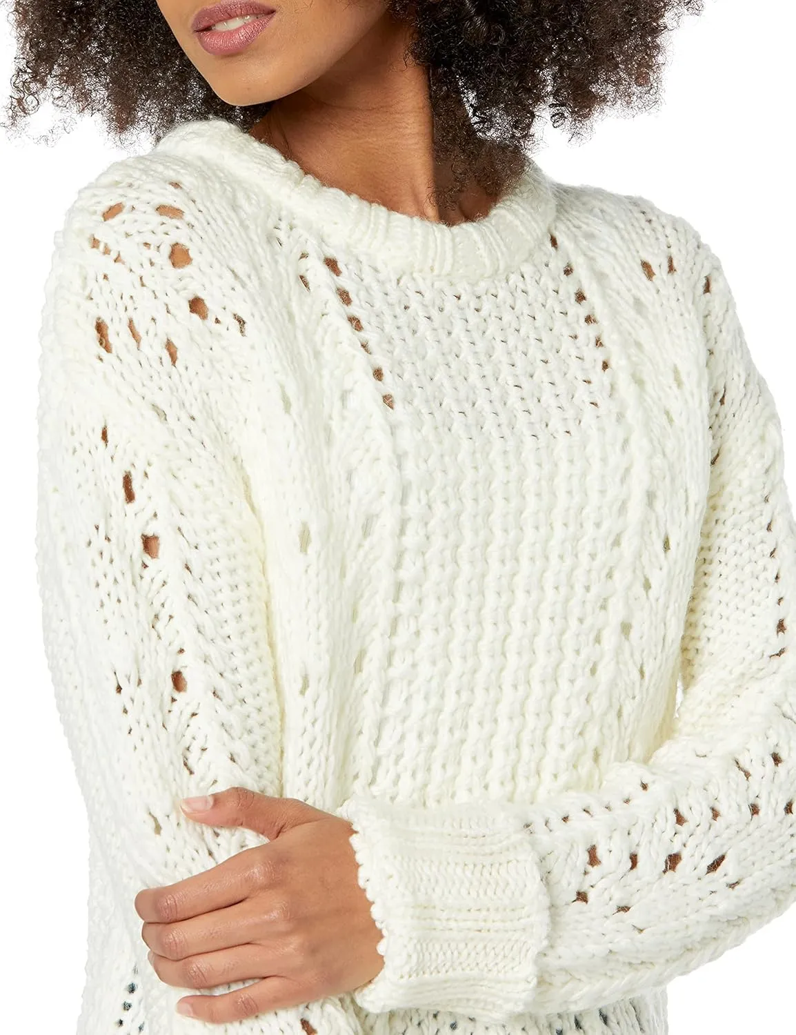 Cable Stitch Women's Chunky Wool Blend Pointelle Sweater - Crewneck Extra Long Sleeve Open Stitch Cropped Pullover Knit Top