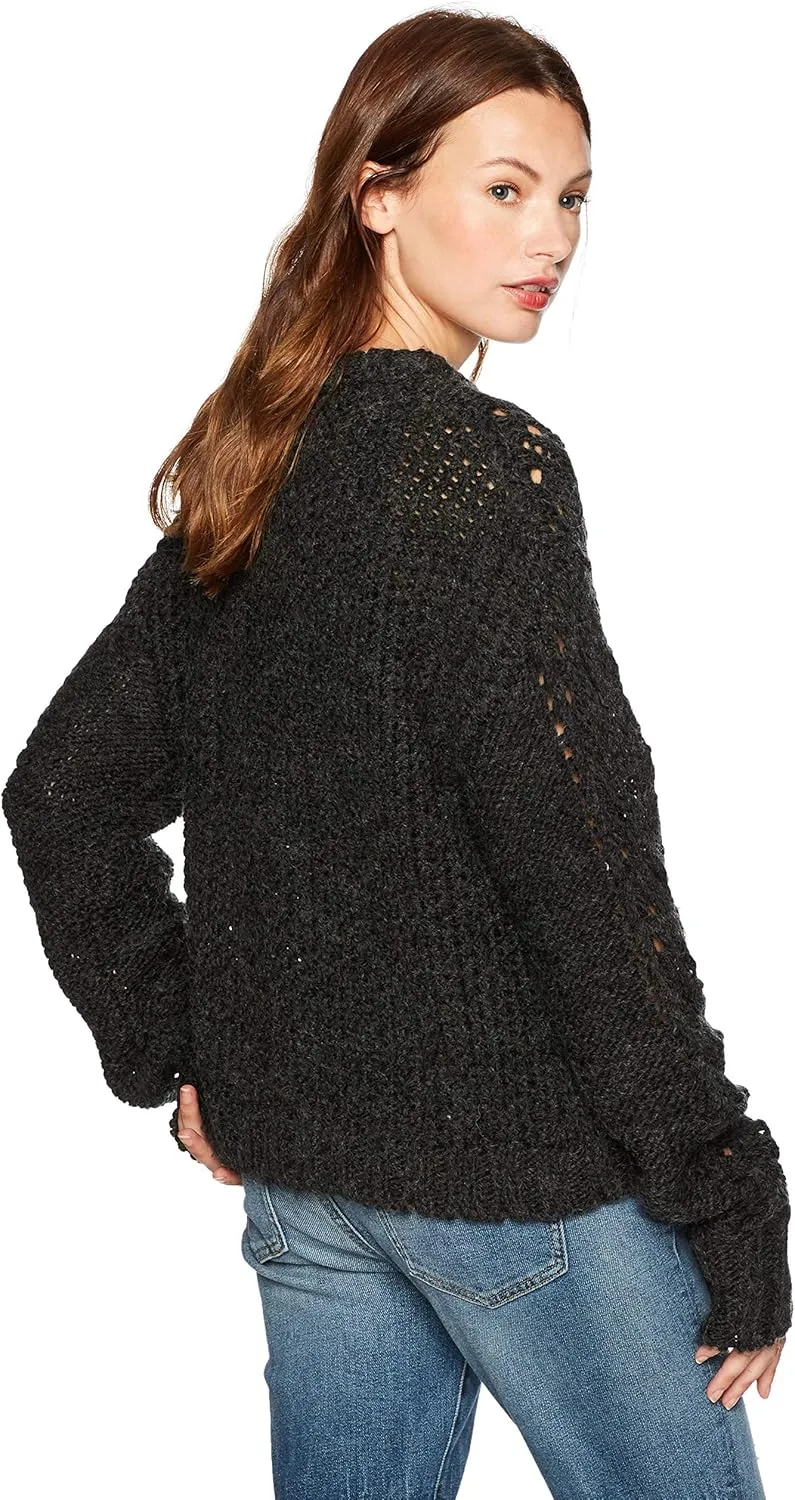 Cable Stitch Women's Chunky Wool Blend Pointelle Sweater - Crewneck Extra Long Sleeve Open Stitch Cropped Pullover Knit Top