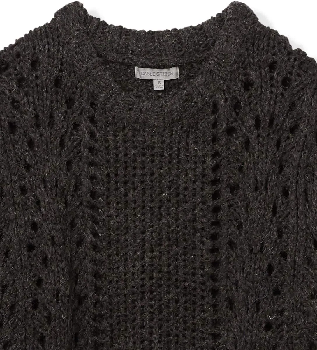Cable Stitch Women's Chunky Wool Blend Pointelle Sweater - Crewneck Extra Long Sleeve Open Stitch Cropped Pullover Knit Top