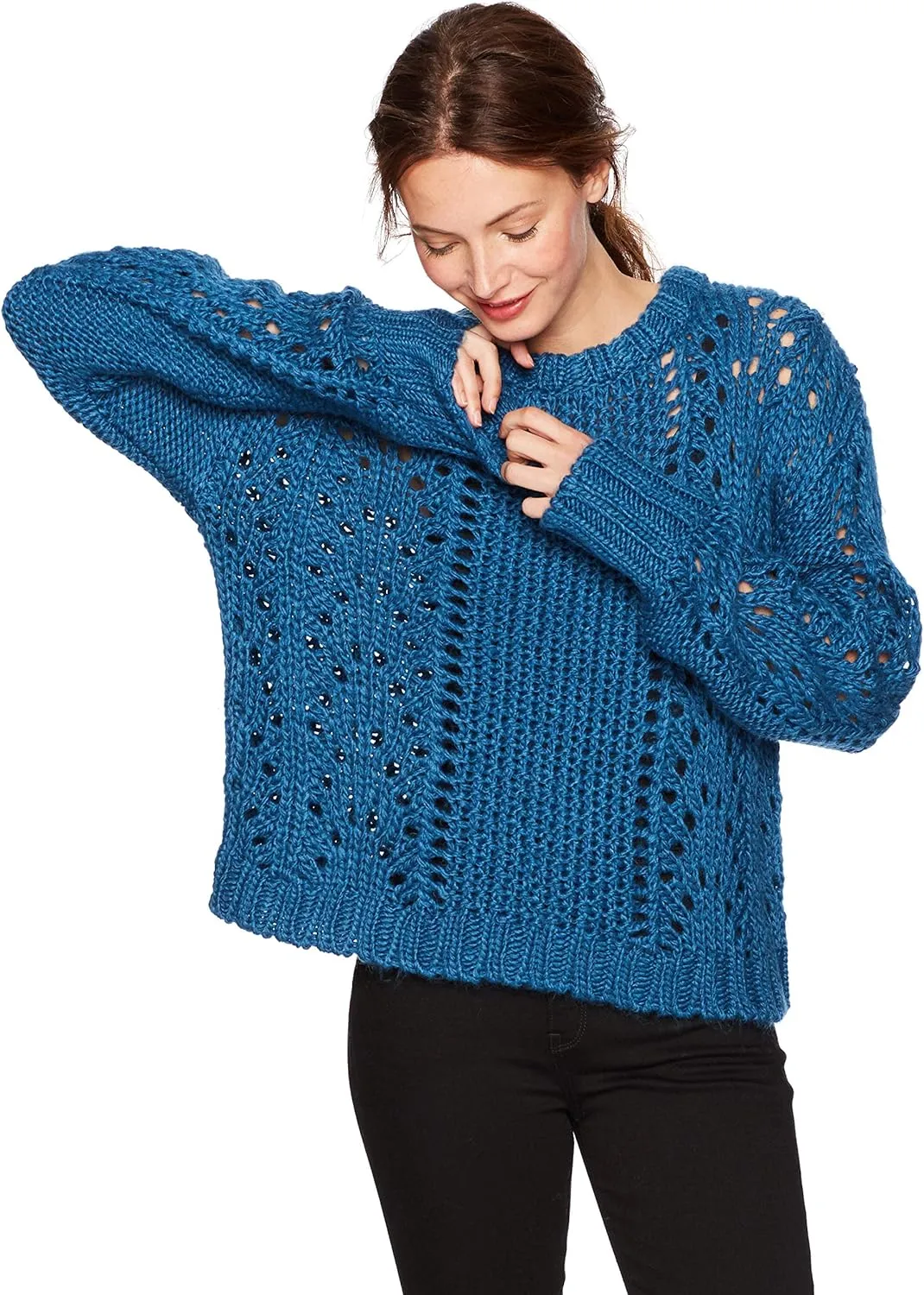 Cable Stitch Women's Chunky Wool Blend Pointelle Sweater - Crewneck Extra Long Sleeve Open Stitch Cropped Pullover Knit Top