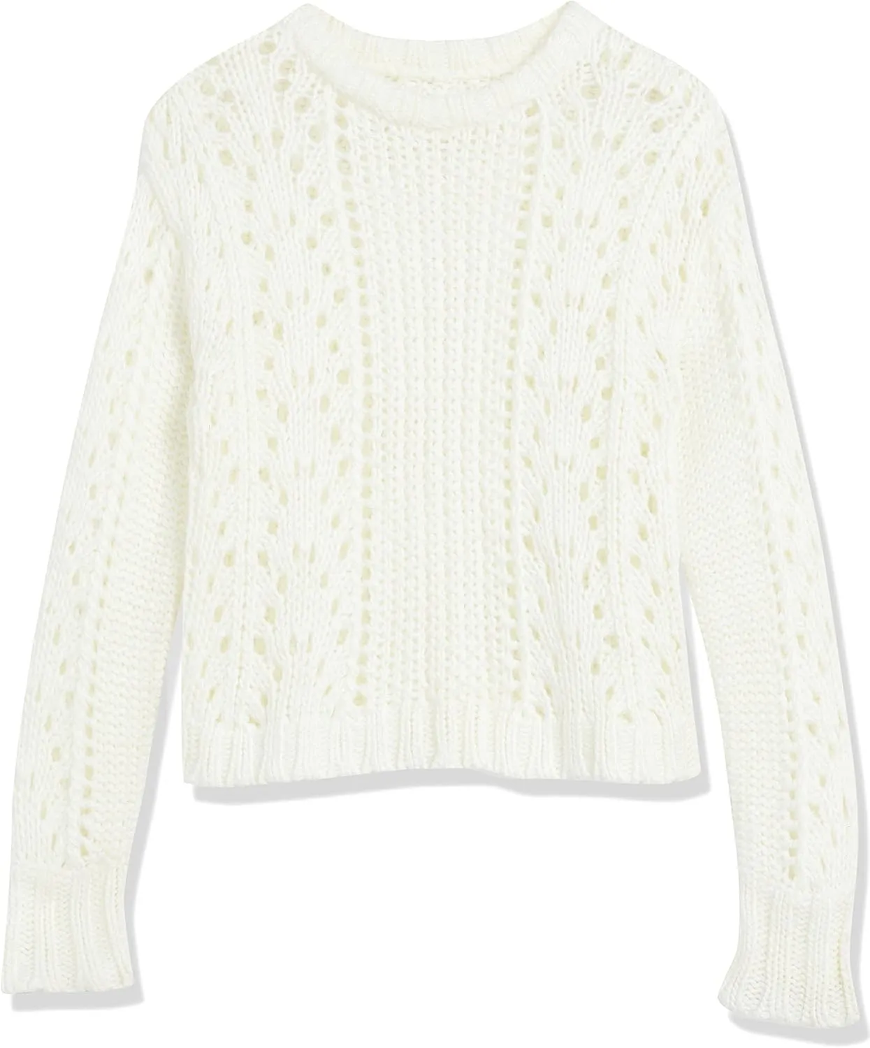 Cable Stitch Women's Chunky Wool Blend Pointelle Sweater - Crewneck Extra Long Sleeve Open Stitch Cropped Pullover Knit Top