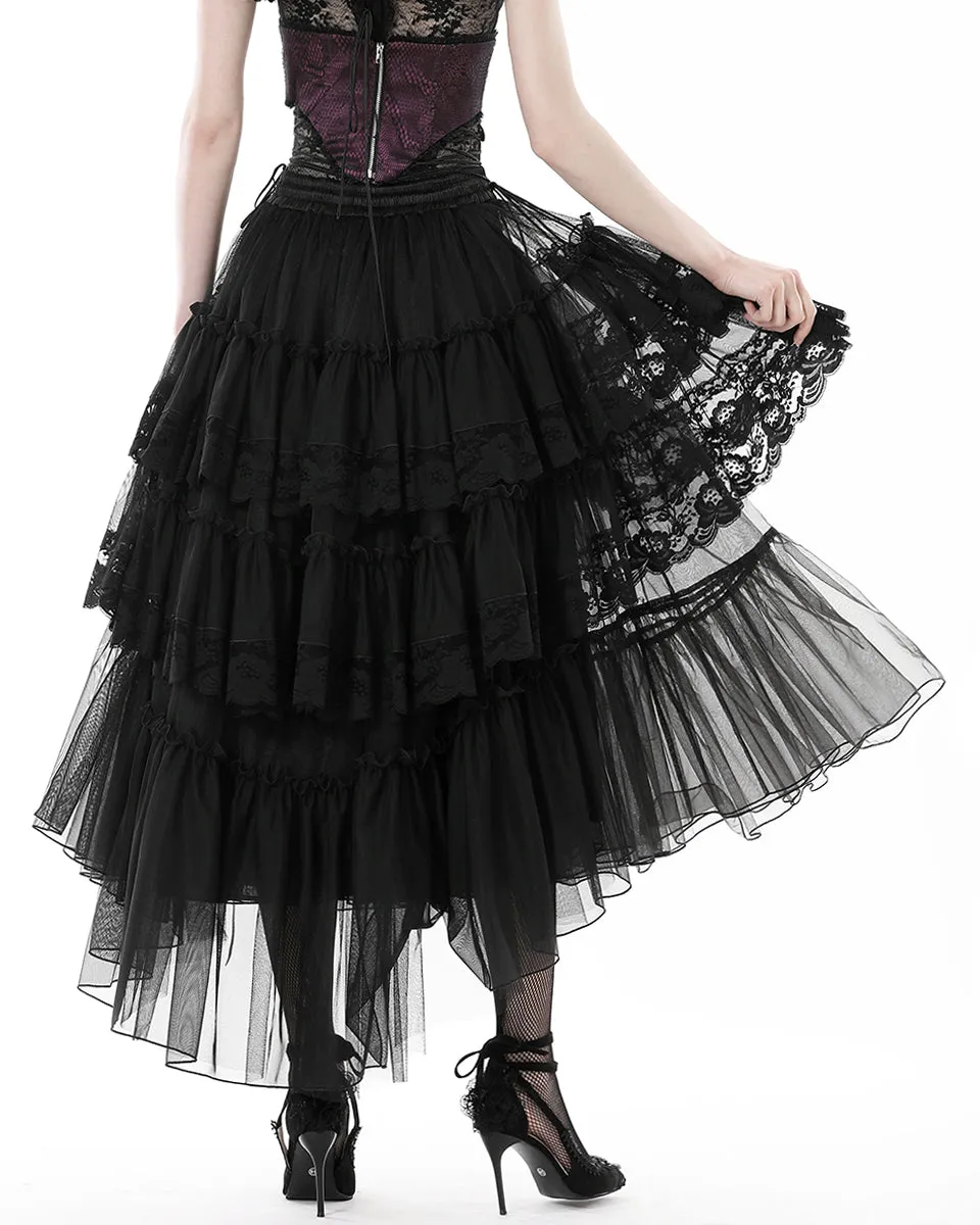 Dark In Love Womens Regency Gothic Courtesan Layered Mesh & Lace Midi Skirt