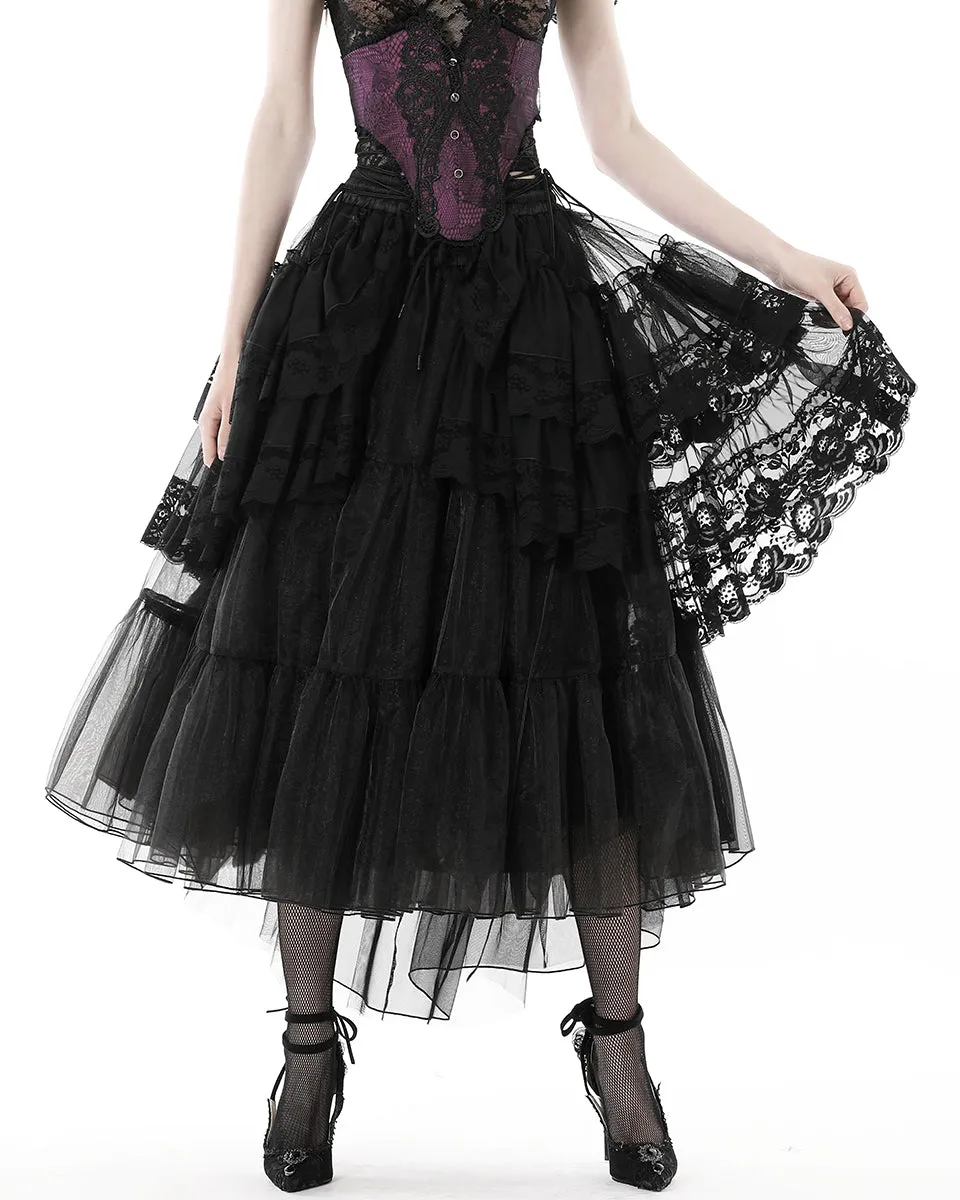 Dark In Love Womens Regency Gothic Courtesan Layered Mesh & Lace Midi Skirt