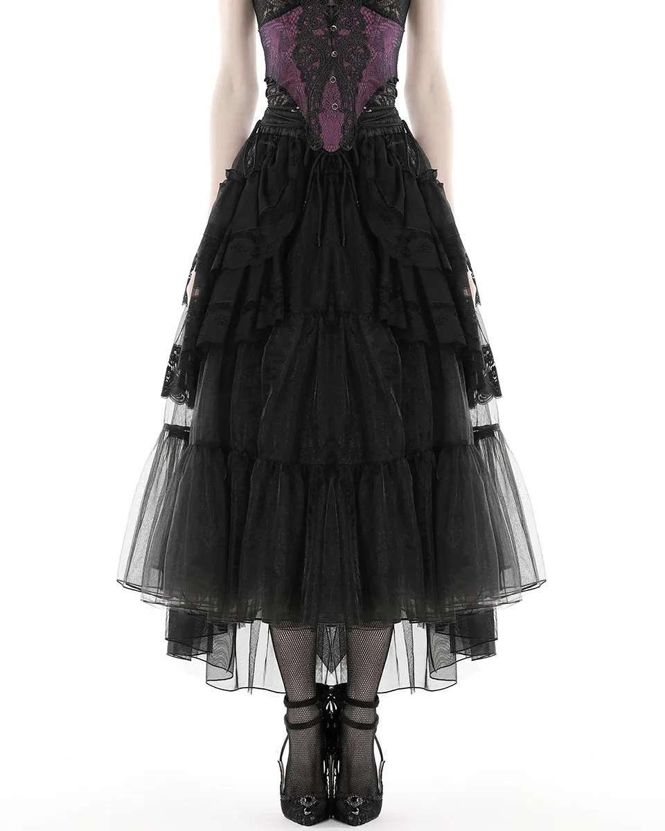 Dark In Love Womens Regency Gothic Courtesan Layered Mesh & Lace Midi Skirt