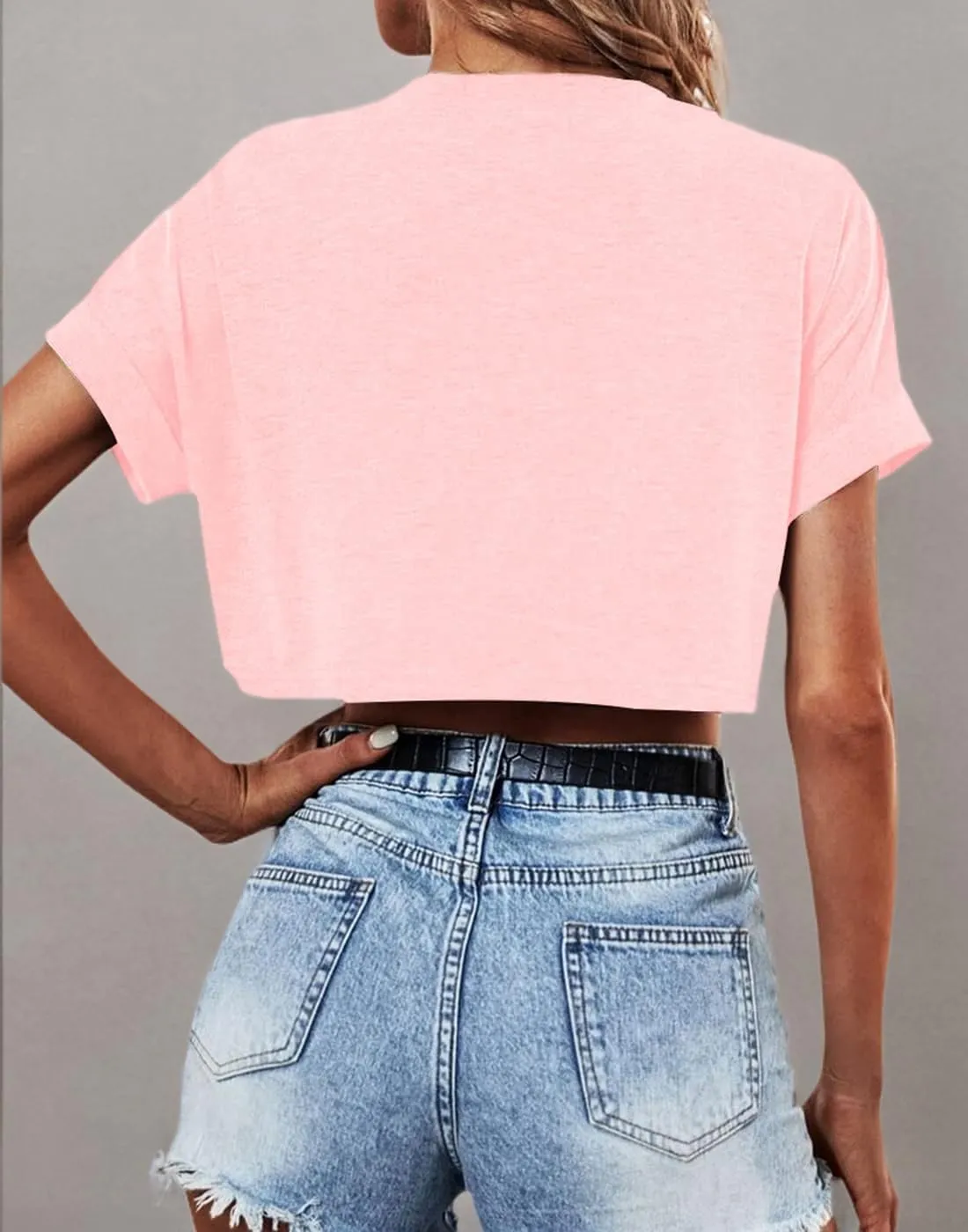Dyexces Womens Crop Tops Short Sleeve Crewneck Cropped T Shirt Casual Summer Solid Color Loose Basic Tees with Pockets