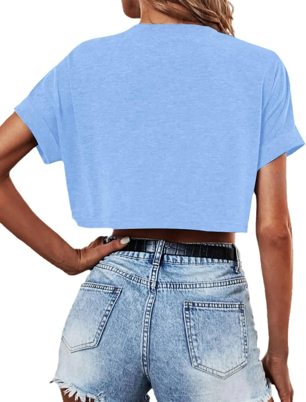 Dyexces Womens Crop Tops Short Sleeve Crewneck Cropped T Shirt Casual Summer Solid Color Loose Basic Tees with Pockets