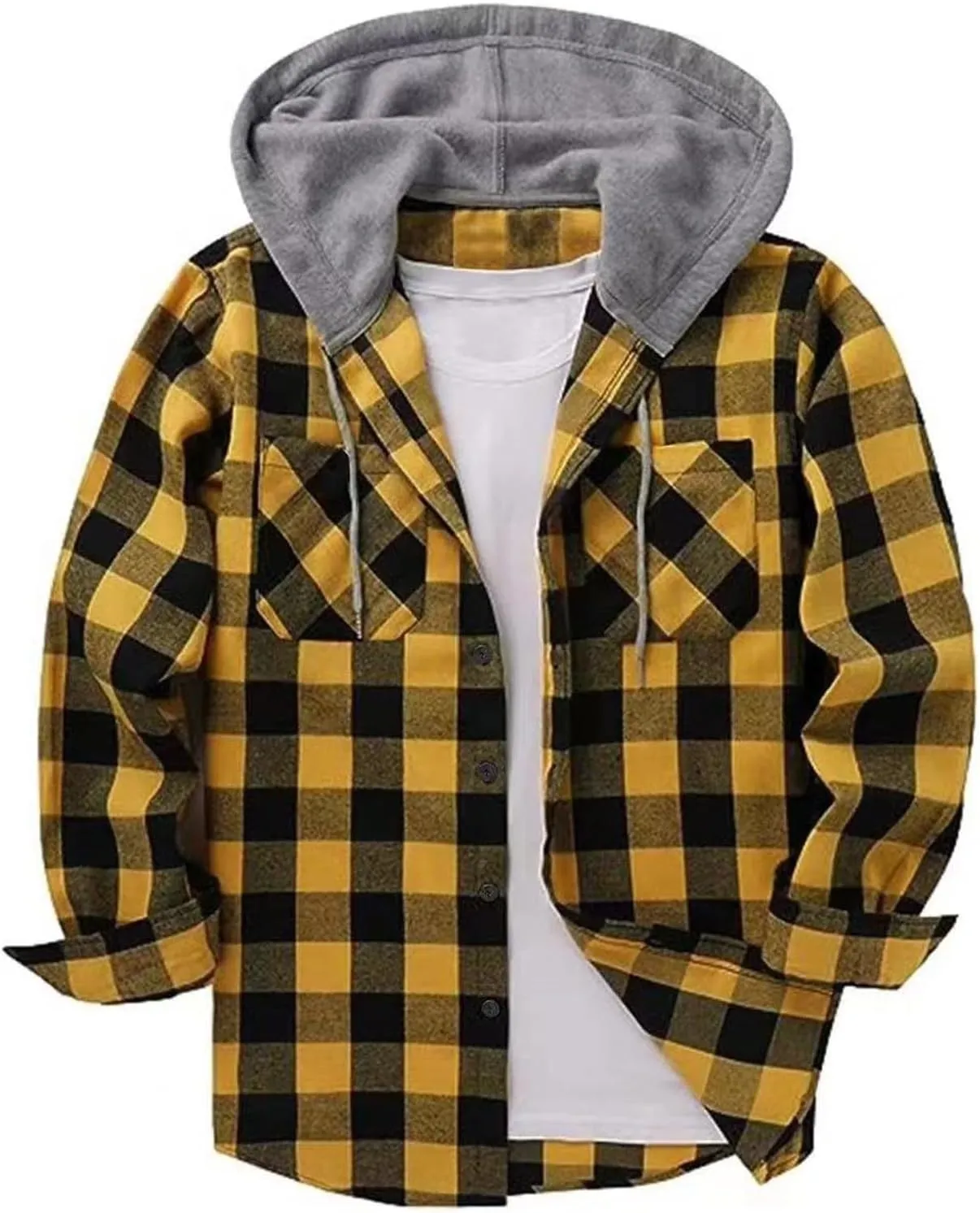 Flannel Hoodie Shirt for Men Casual Button Down Plaid Shirt Jacket Classic Drawstring Long Sleeve Shacket Coats