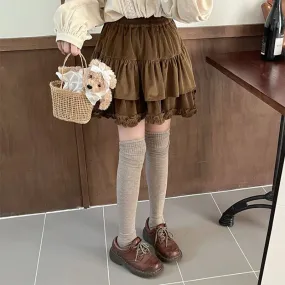 Girlary Kawaii Japanese Style Mini Skirt Ruffle Vintage Harajuku Corduroy Skirts Cutecore Layered Autumn Winter Short Skirts