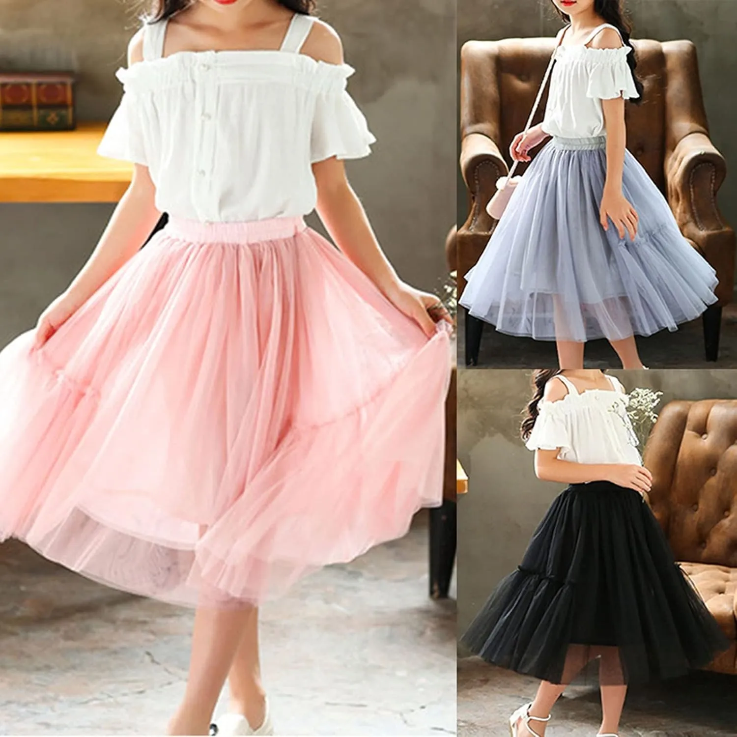 Girls Long Tutu Skirt Tiered Dress Ruffle Maxi Skirts Soft Skirt Casual Party Little Girl Layered Tulle Tutus
