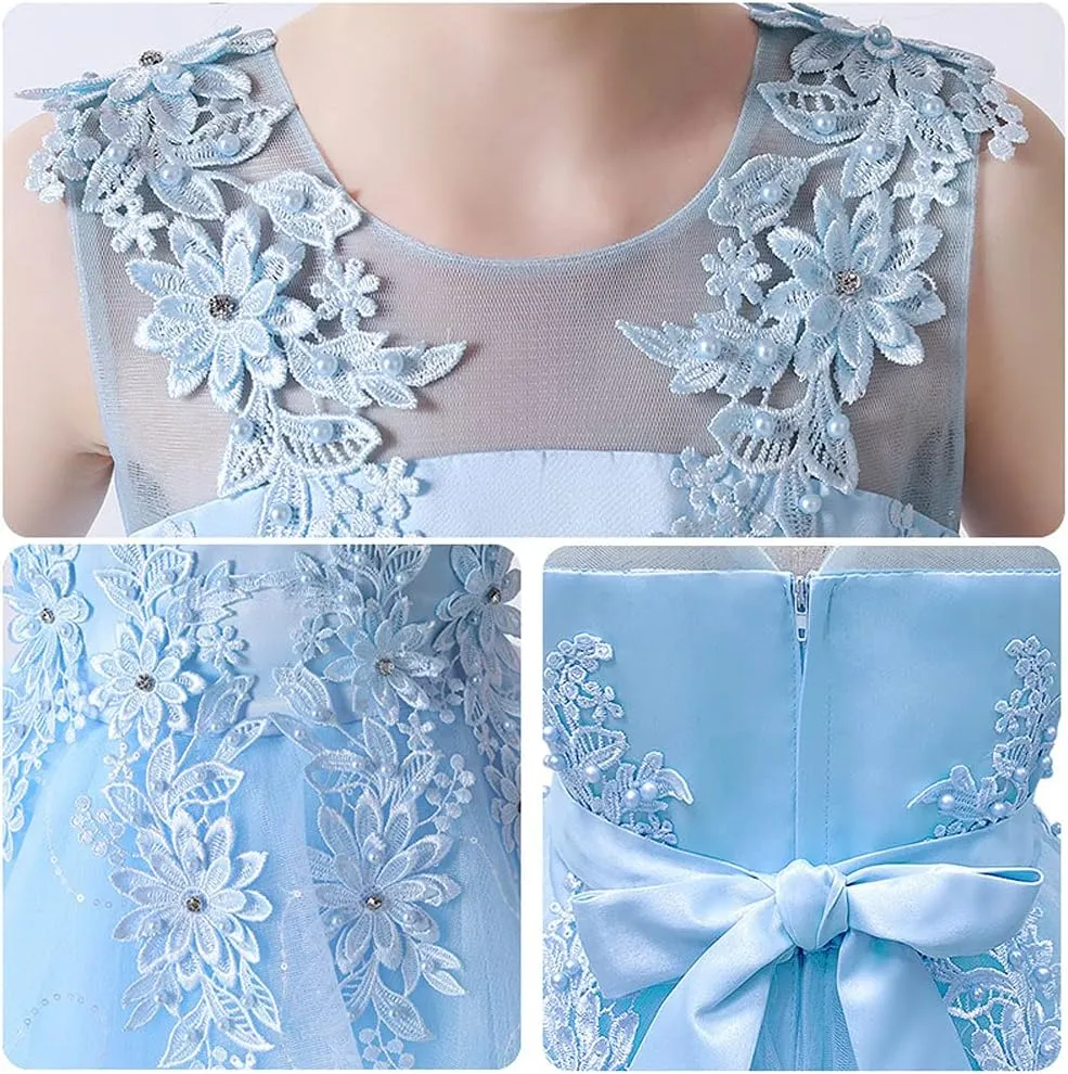 IWEMEK Girls Embroidered Beads Dress Sleeveless V Back Pageant Evening Gown Christening Wedding Birthday Party Long Dresses