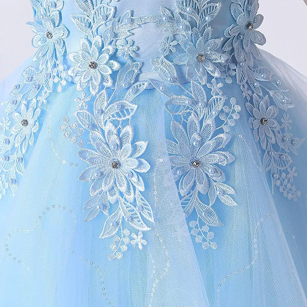 IWEMEK Girls Embroidered Beads Dress Sleeveless V Back Pageant Evening Gown Christening Wedding Birthday Party Long Dresses