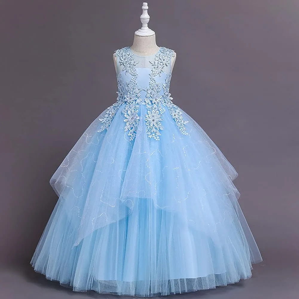 IWEMEK Girls Embroidered Beads Dress Sleeveless V Back Pageant Evening Gown Christening Wedding Birthday Party Long Dresses