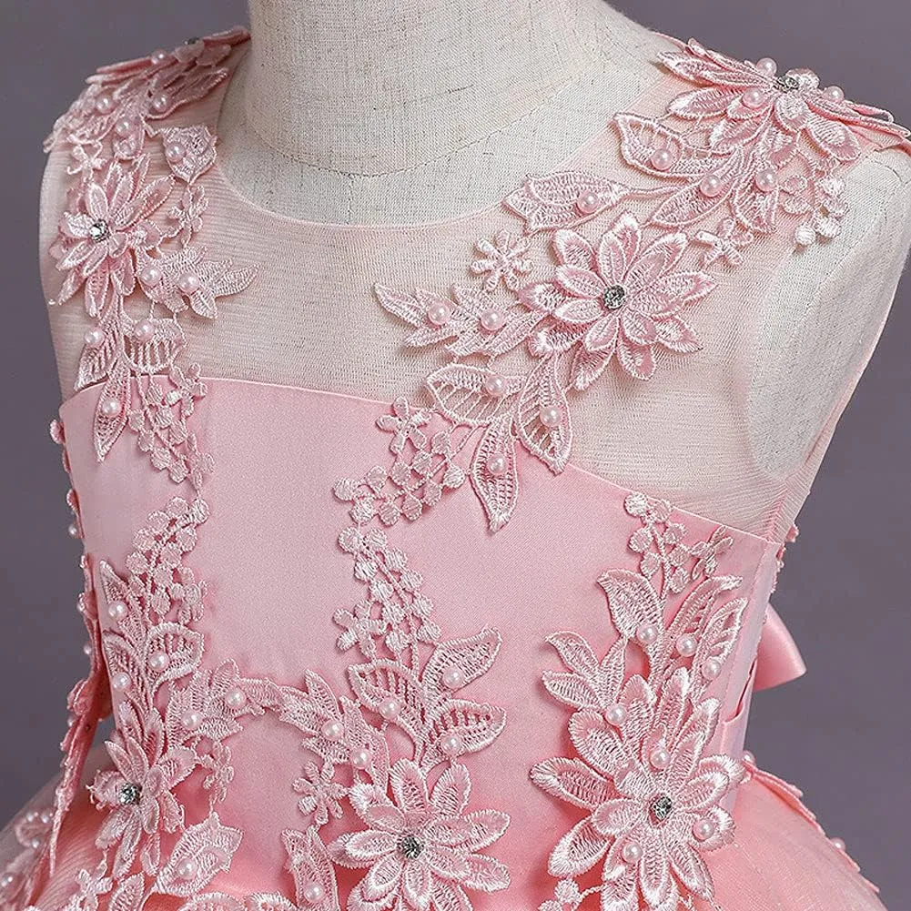 IWEMEK Girls Embroidered Beads Dress Sleeveless V Back Pageant Evening Gown Christening Wedding Birthday Party Long Dresses