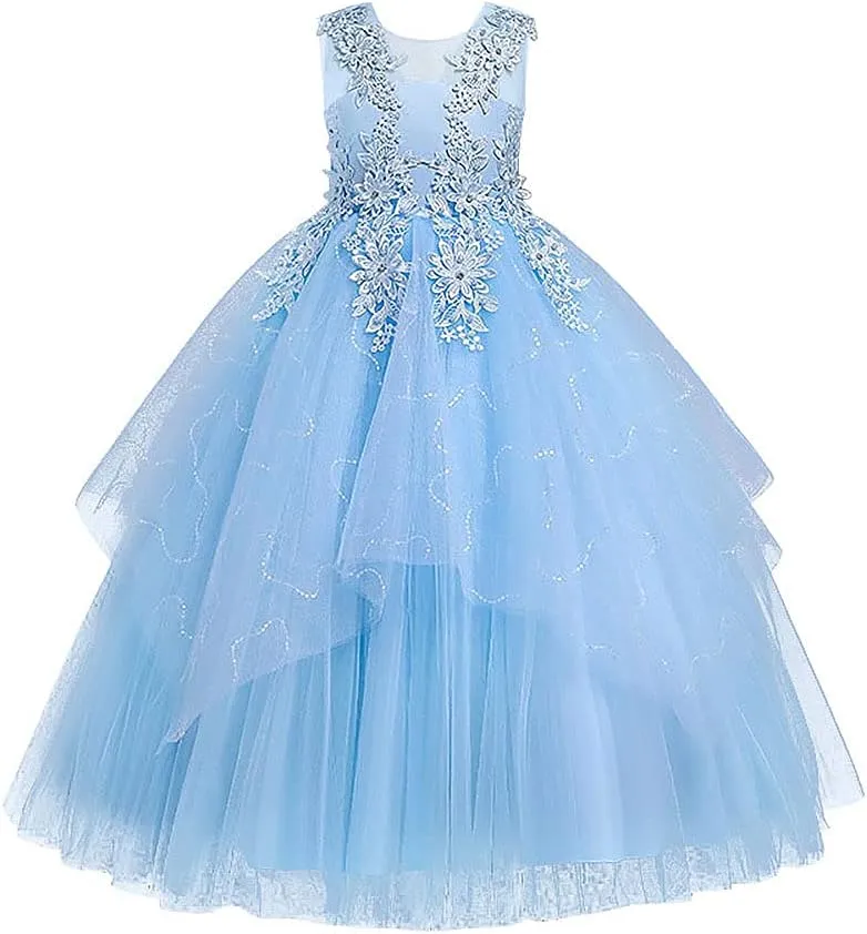 IWEMEK Girls Embroidered Beads Dress Sleeveless V Back Pageant Evening Gown Christening Wedding Birthday Party Long Dresses