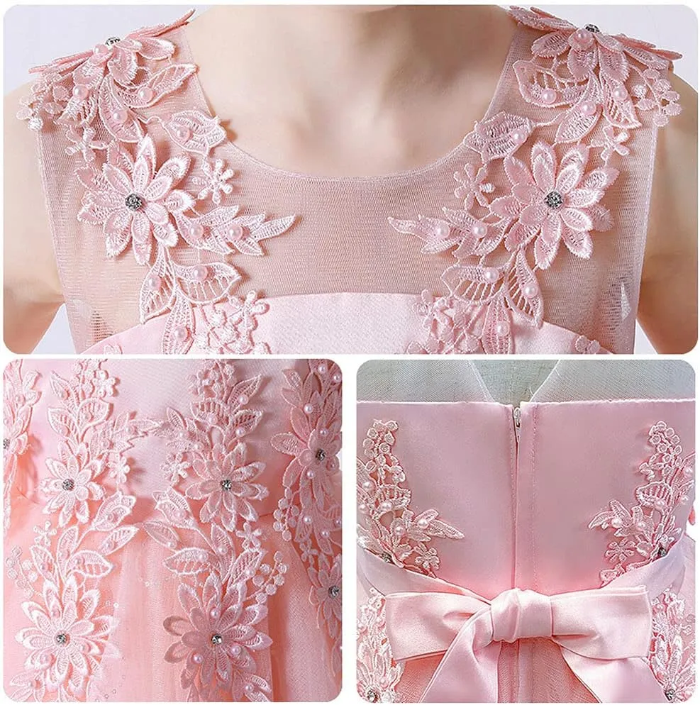 IWEMEK Girls Embroidered Beads Dress Sleeveless V Back Pageant Evening Gown Christening Wedding Birthday Party Long Dresses