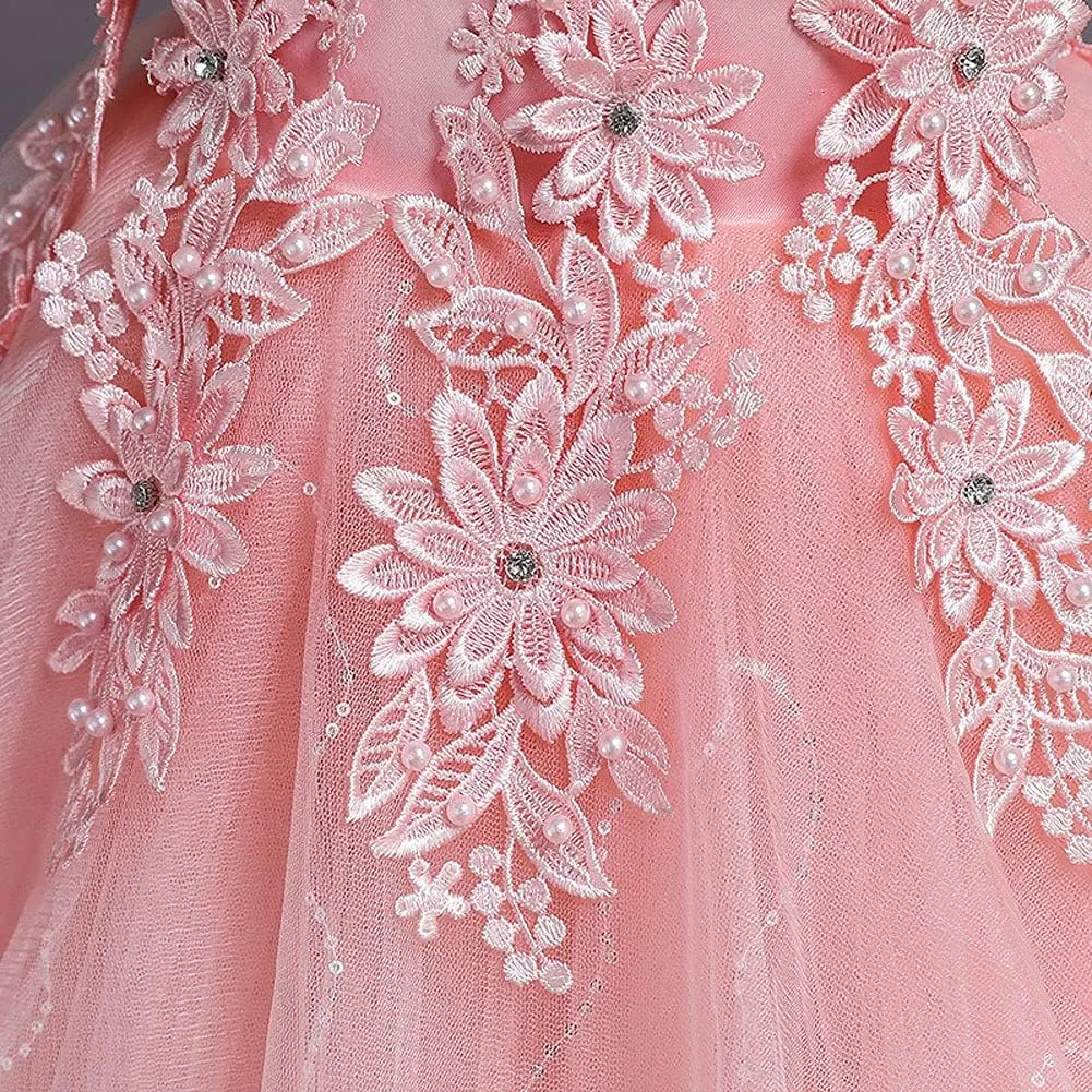 IWEMEK Girls Embroidered Beads Dress Sleeveless V Back Pageant Evening Gown Christening Wedding Birthday Party Long Dresses