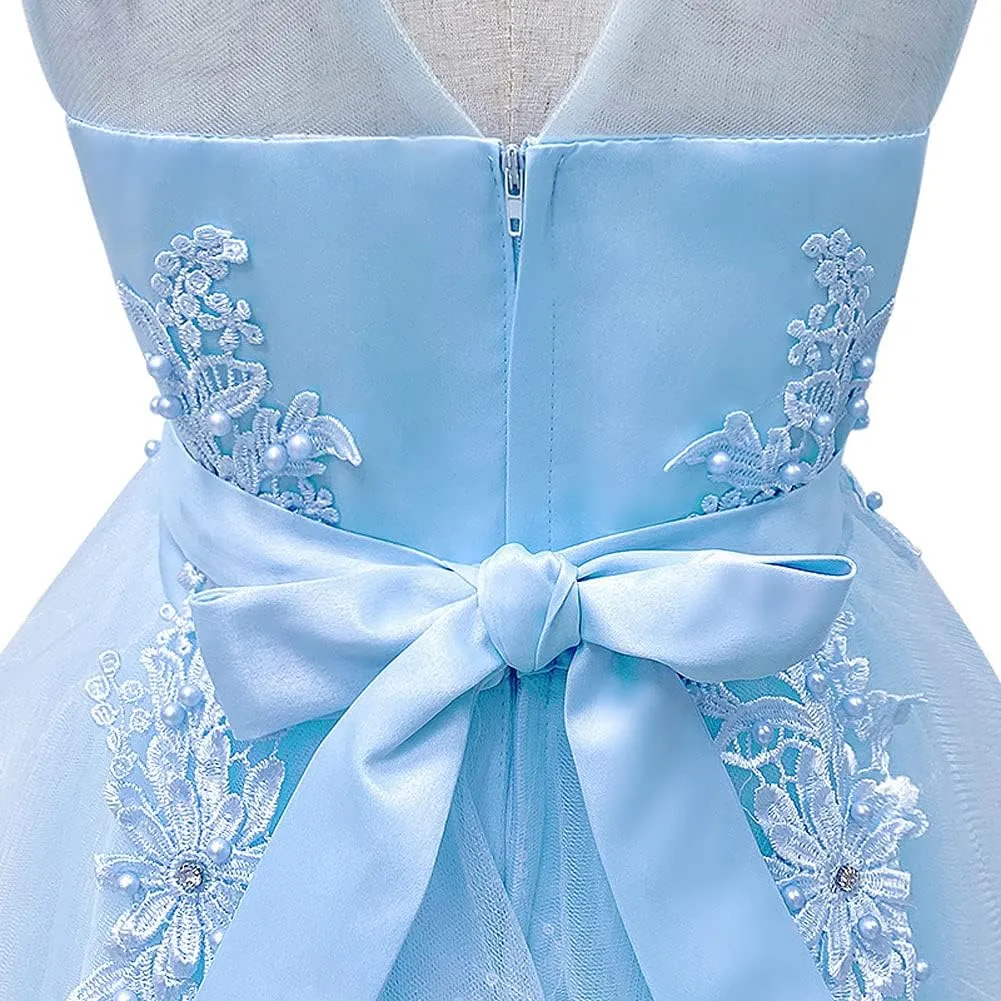 IWEMEK Girls Embroidered Beads Dress Sleeveless V Back Pageant Evening Gown Christening Wedding Birthday Party Long Dresses