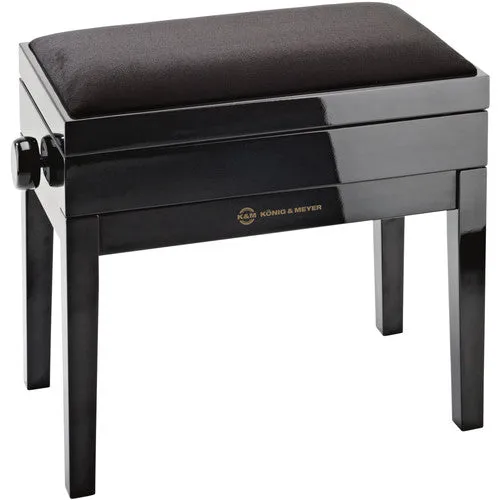 K&M Piano Bench with Sheet Music Storage, Black Glossy Finish & Black Velvet Seat