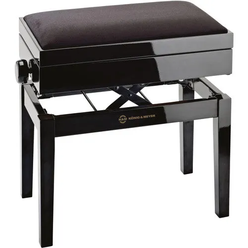 K&M Piano Bench with Sheet Music Storage, Black Glossy Finish & Black Velvet Seat