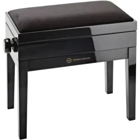 K&M Piano Bench with Sheet Music Storage, Black Glossy Finish & Black Velvet Seat