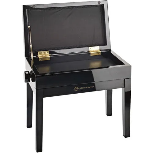 K&M Piano Bench with Sheet Music Storage, Black Glossy Finish & Black Velvet Seat