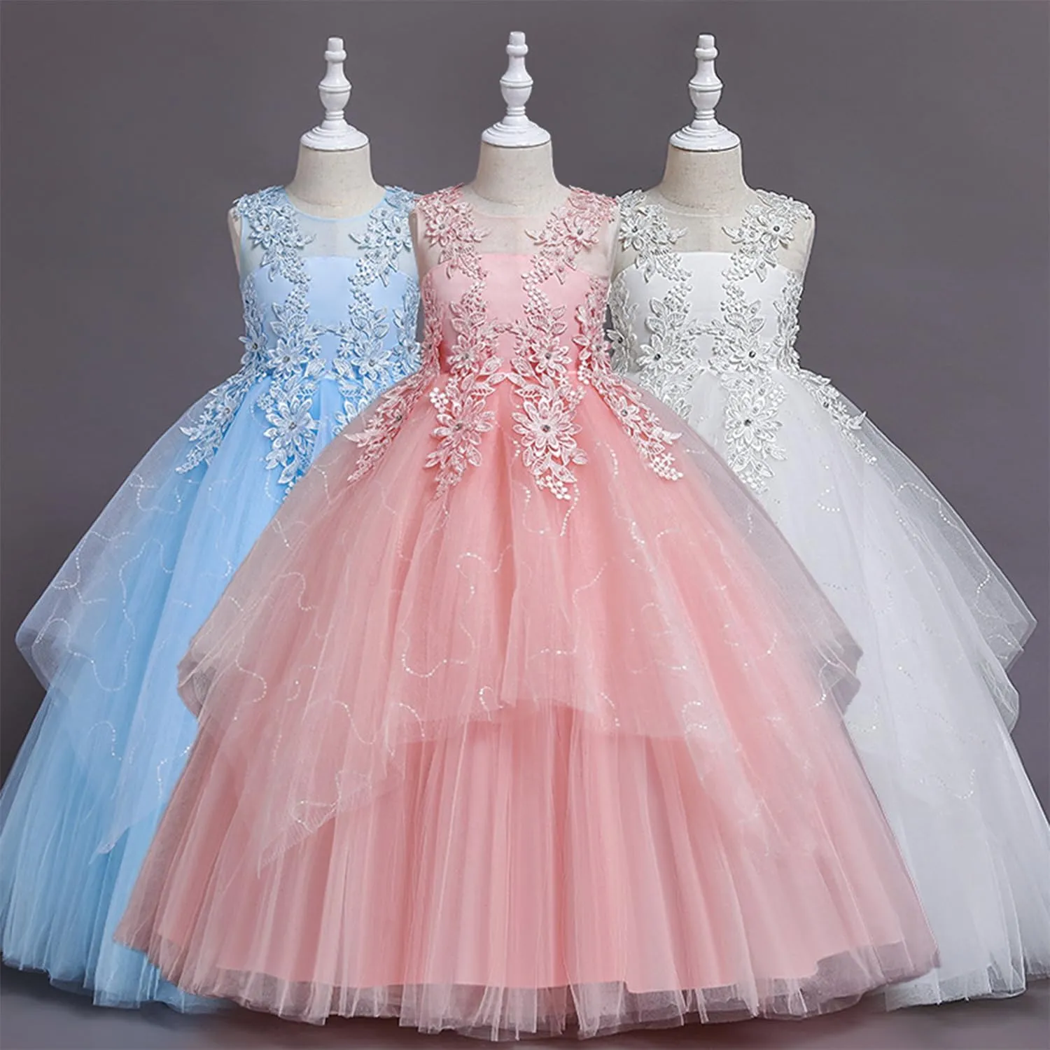 LOLANTA Flower Girl Dress for Wedding Kids Tulle Princess Long Dresses Father Daughter Dance Girls Vestidos Lace Embroidery