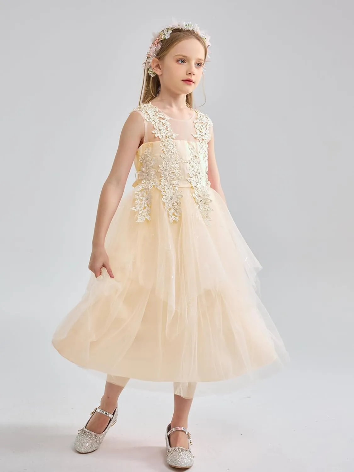 LOLANTA Flower Girl Dress for Wedding Kids Tulle Princess Long Dresses Father Daughter Dance Girls Vestidos Lace Embroidery
