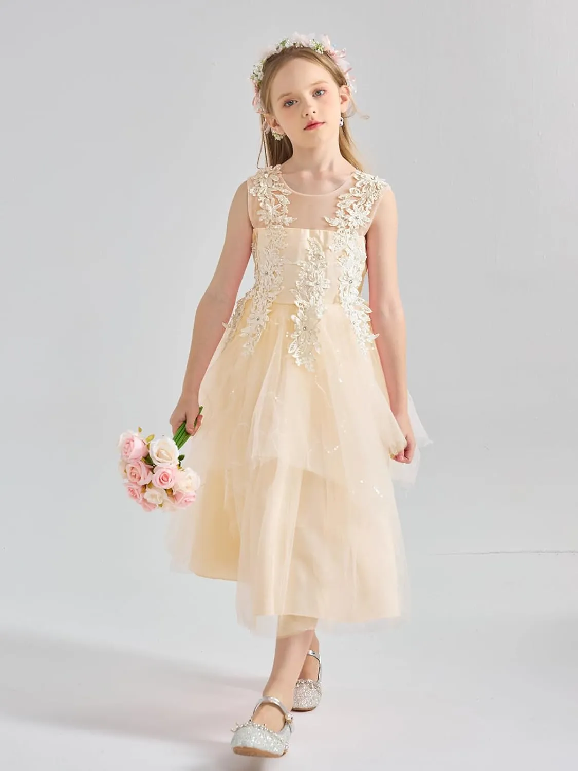 LOLANTA Flower Girl Dress for Wedding Kids Tulle Princess Long Dresses Father Daughter Dance Girls Vestidos Lace Embroidery