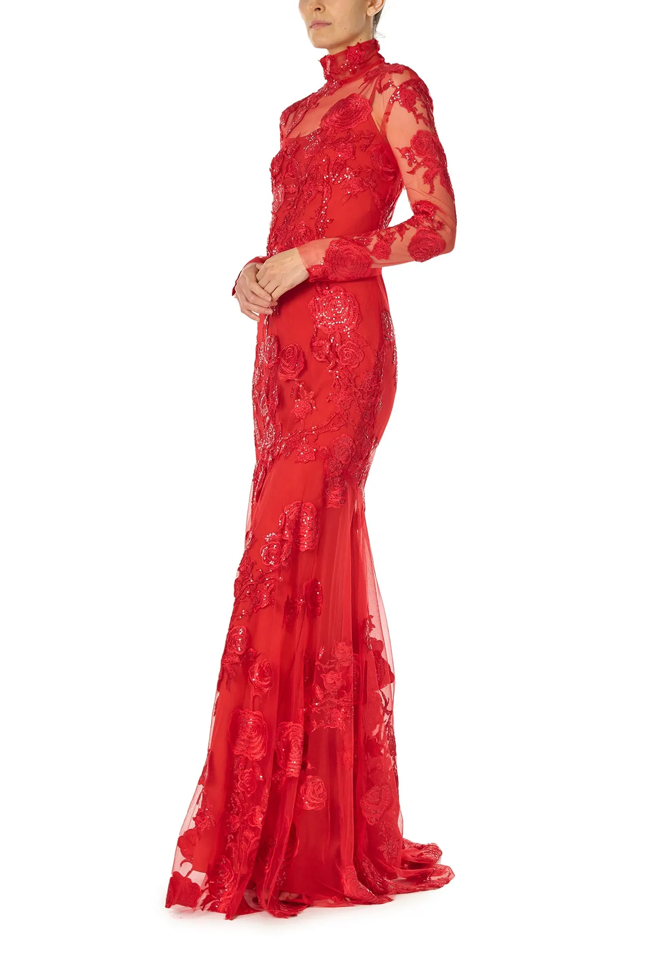 Long Sleeve Embroidered Tulle Gown