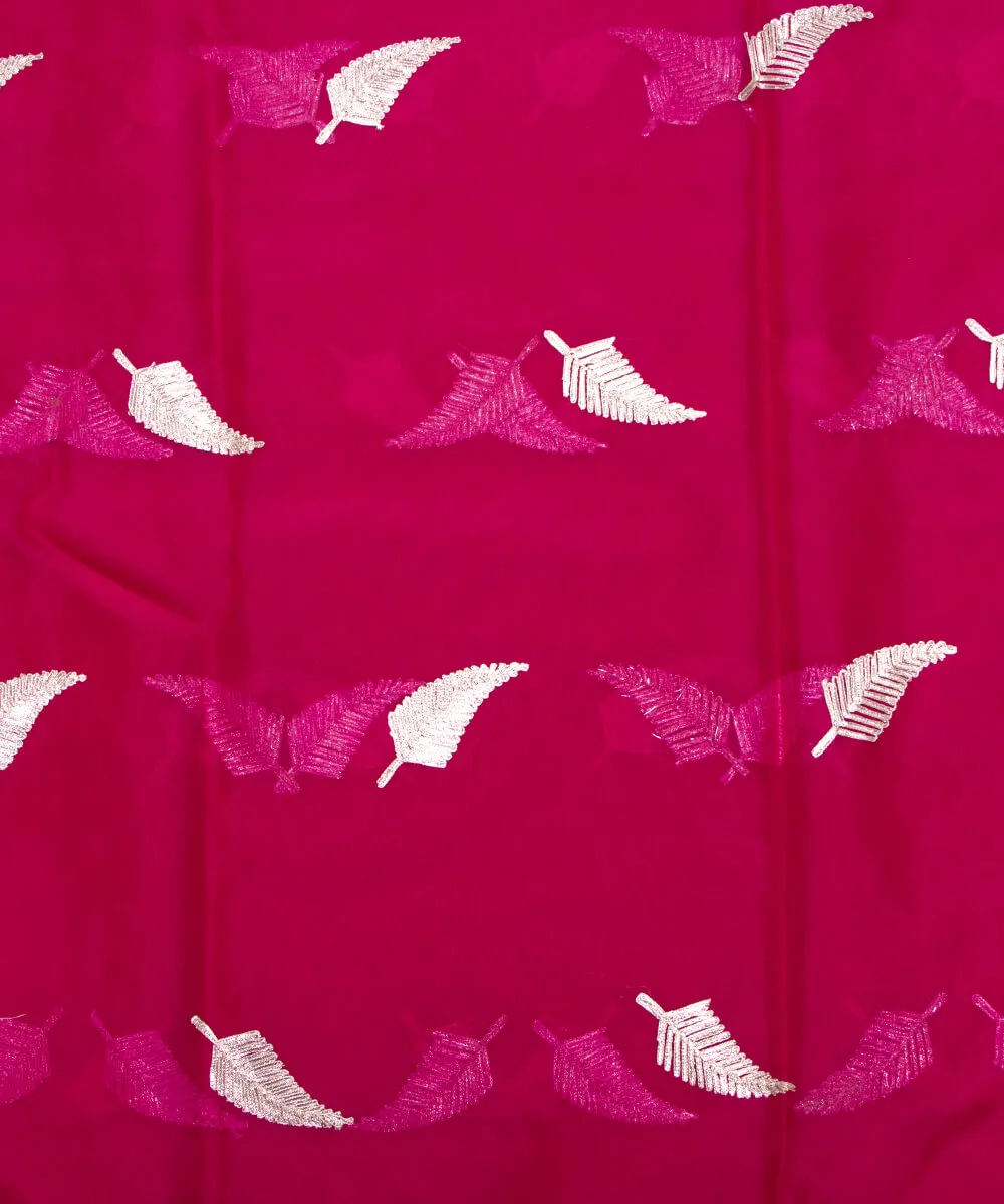 Magenta Colour leaf Embroidery Organza Silk Fabric