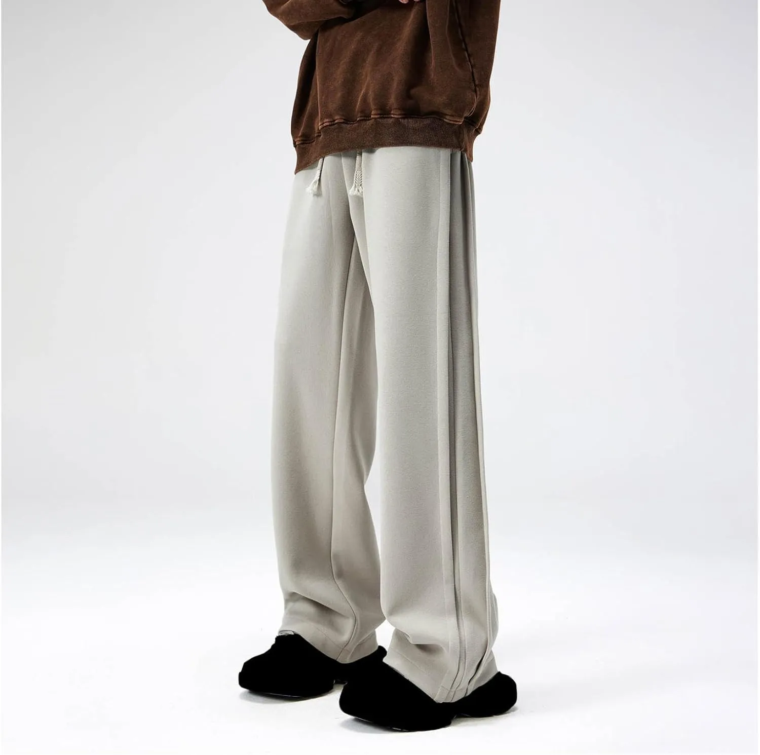 Mens Casual Pants Cotton Elastic Waist Drawstring Loose Straight Leg Workout Pants Full Length Pants with Pockets