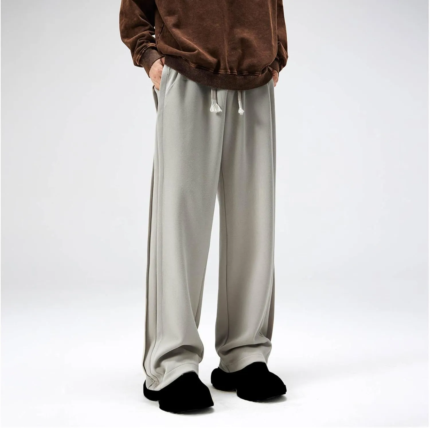 Mens Casual Pants Cotton Elastic Waist Drawstring Loose Straight Leg Workout Pants Full Length Pants with Pockets