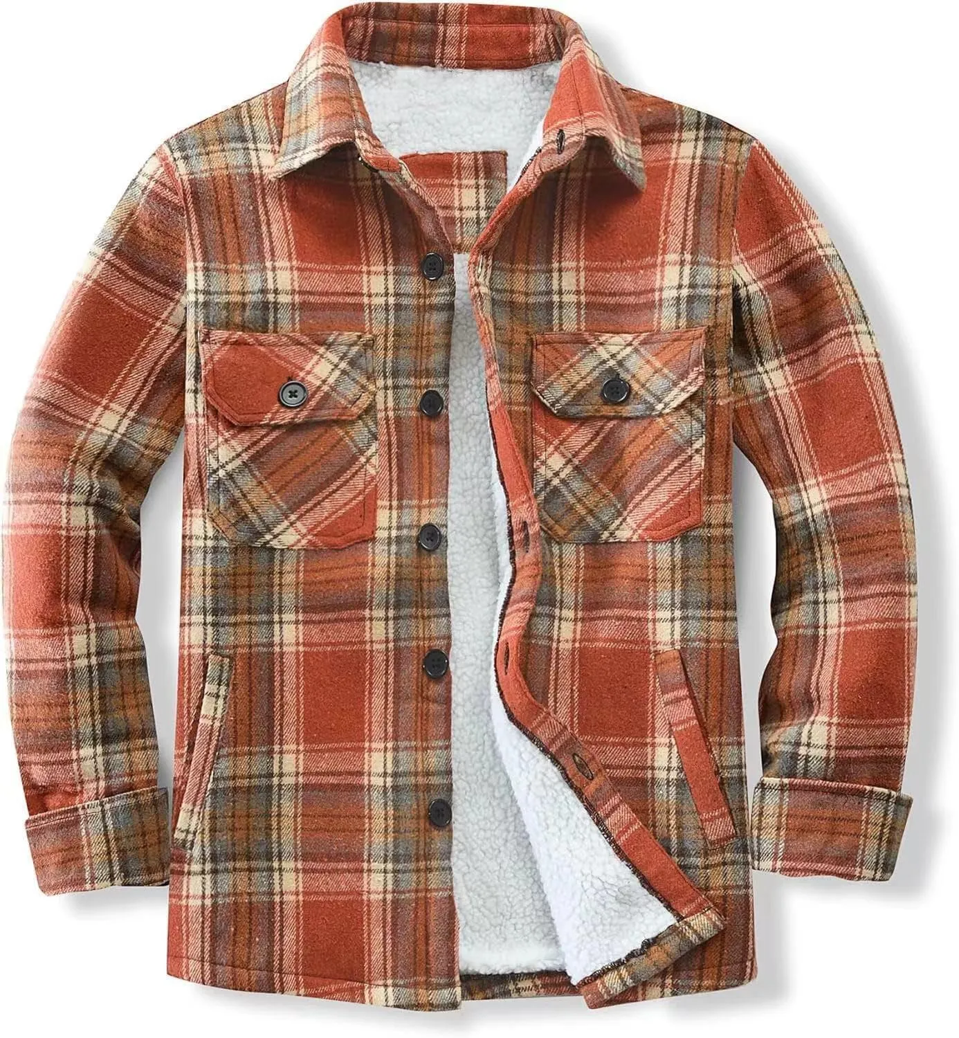 Men's Cotton Flannel Shirt Jacket Sherpa Fleece Lined Long Sleeve Plaid Shirt for Men Winter Thermal Berber Jackets