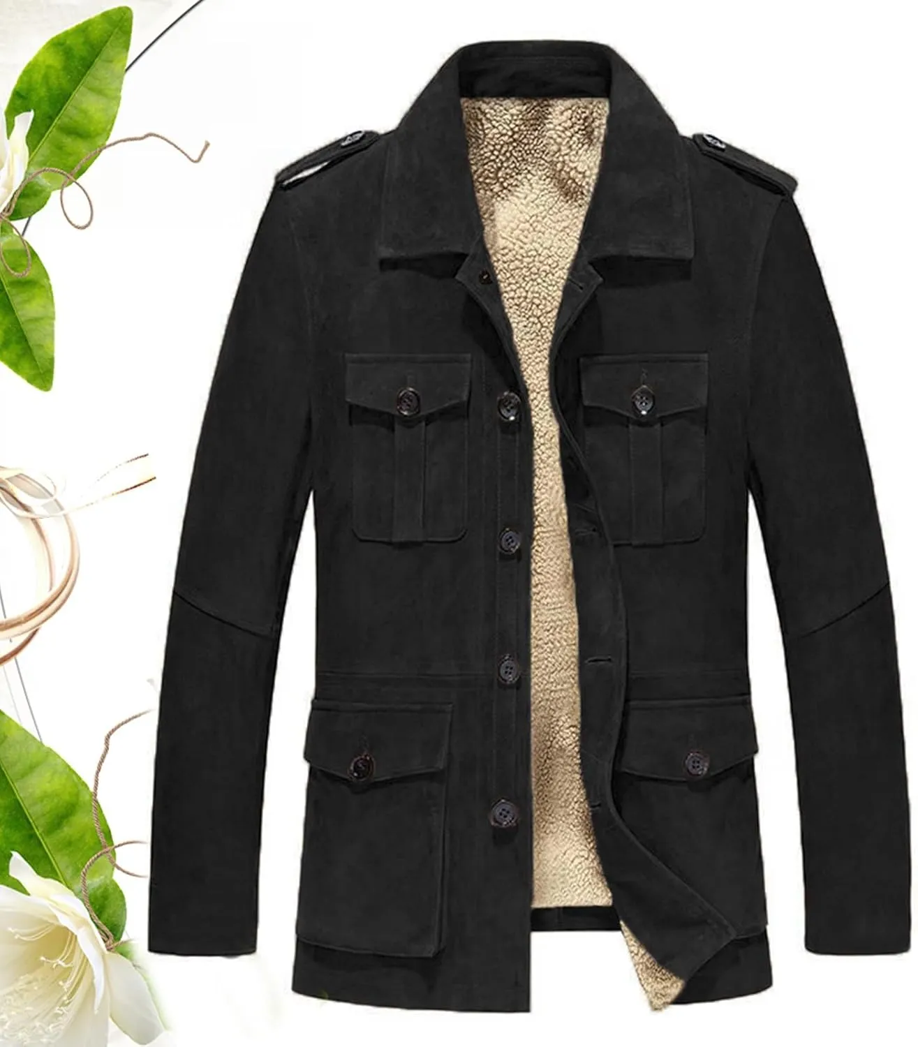 Mens Faux Suede Trench Coats Heavyweight Sherpa Lined Single Breasted Warm Pea Coats Sheepskin Winter Bomber Jackets