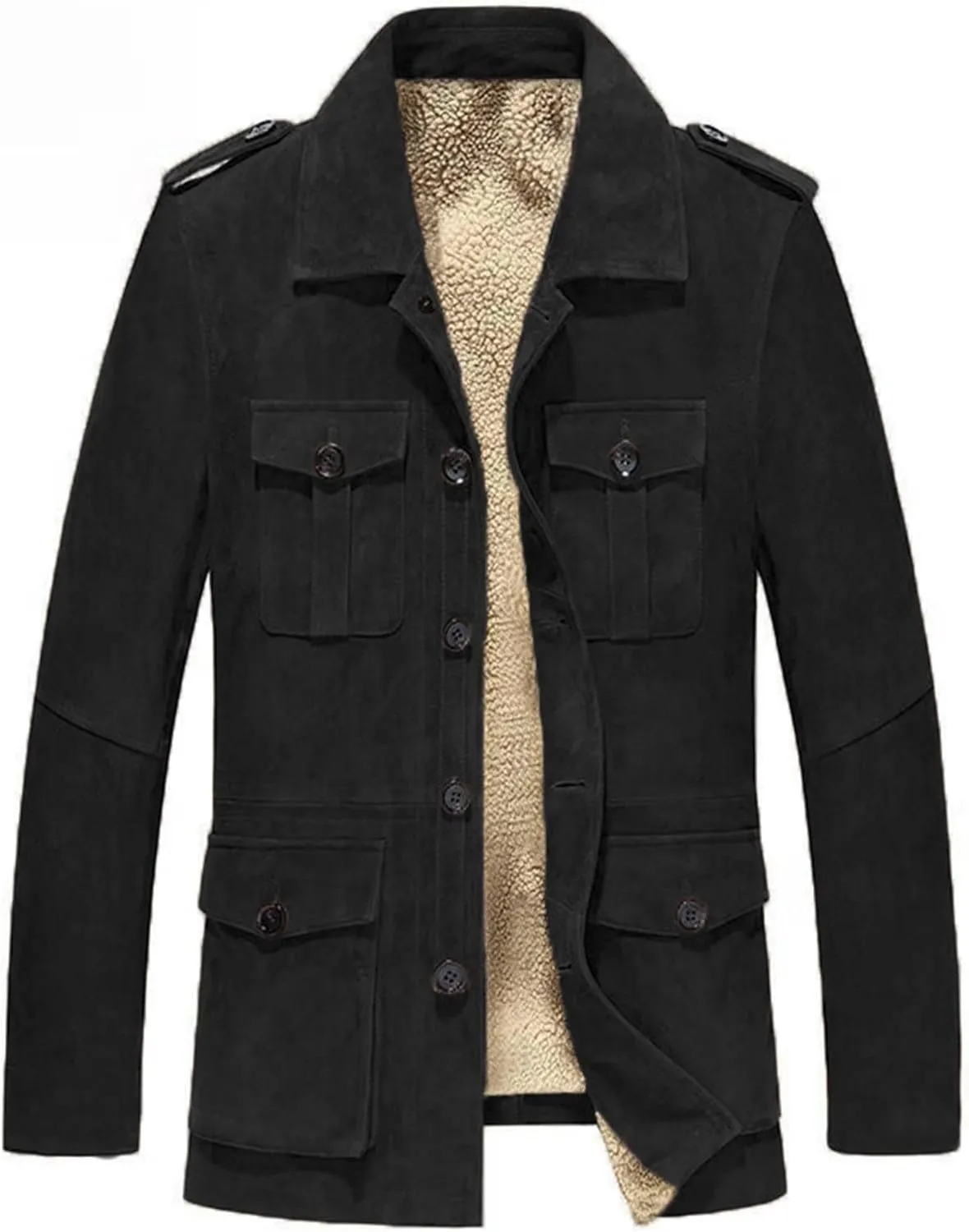Mens Faux Suede Trench Coats Heavyweight Sherpa Lined Single Breasted Warm Pea Coats Sheepskin Winter Bomber Jackets