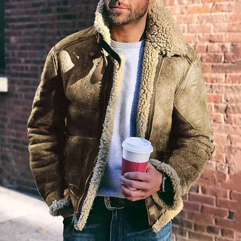 Mens Shearling Coat Sheepskin Leather Jackets Shearling Fur Lined Bomber Jacket Crop Warm Winter Trench Coat