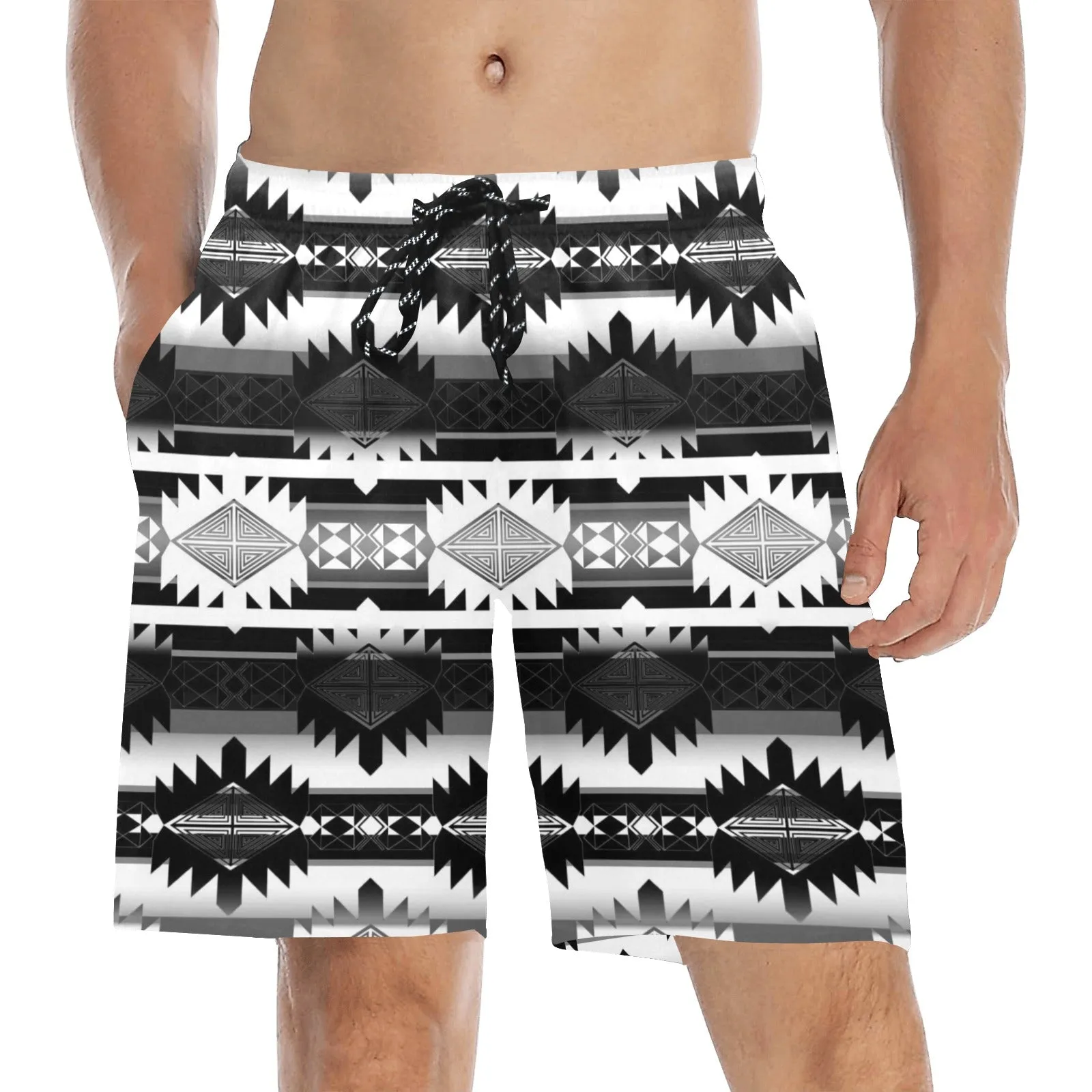 Okotoks Black and White Men's Mid-Length Beach Shorts