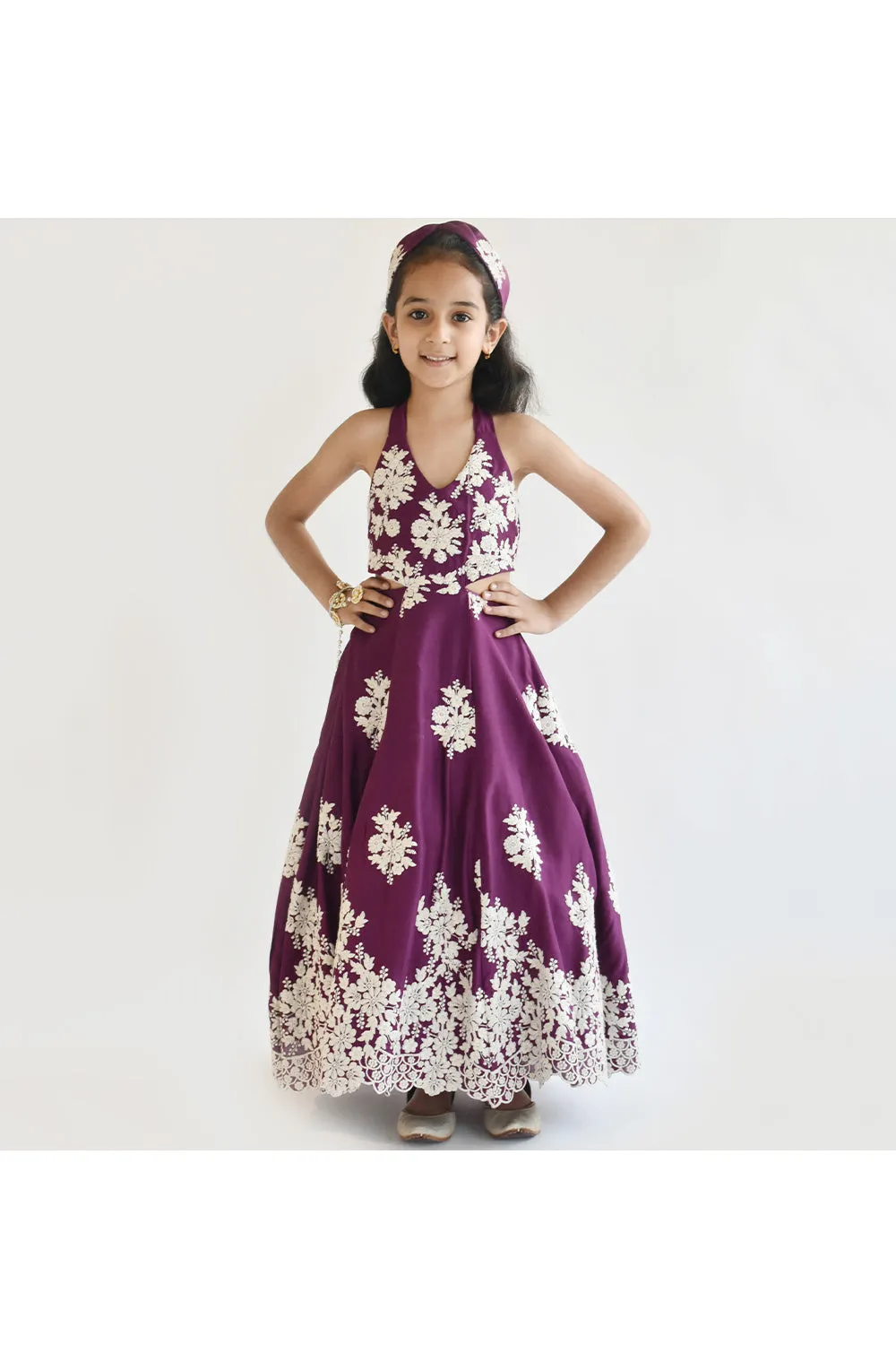 Purple Embroidered Halter Neck Gown