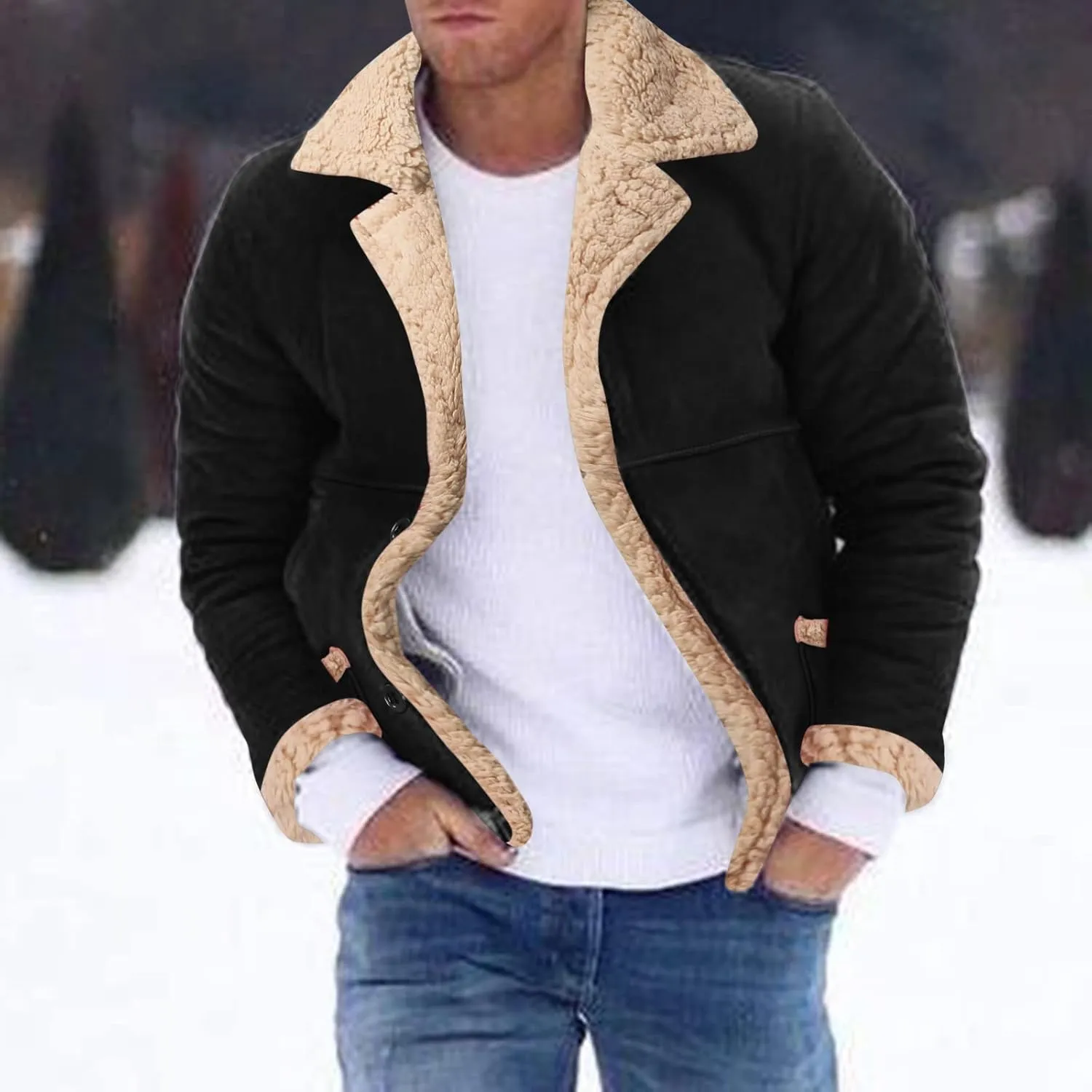 QWENTMTNTY Men Vintage Sherpa Jacket Faux Leather Suede Winter Bomber Jackets Big Tall Heavyweight Fur Shearling Overcoat