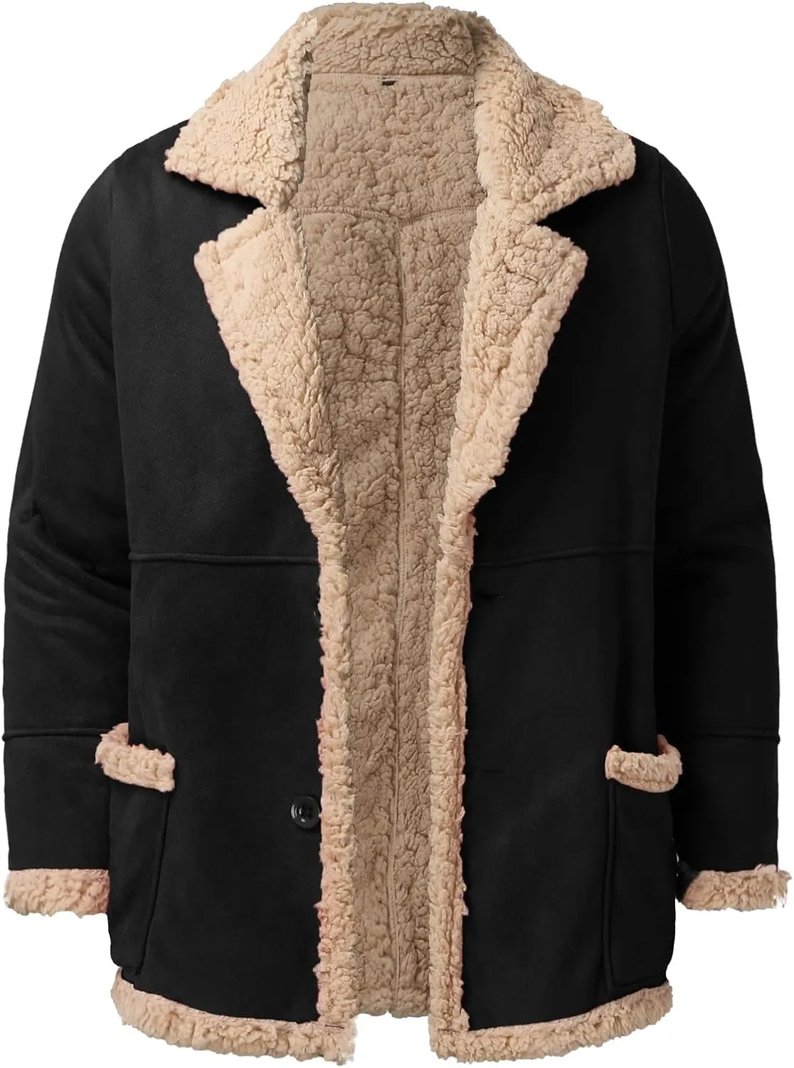 QWENTMTNTY Men Vintage Sherpa Jacket Faux Leather Suede Winter Bomber Jackets Big Tall Heavyweight Fur Shearling Overcoat